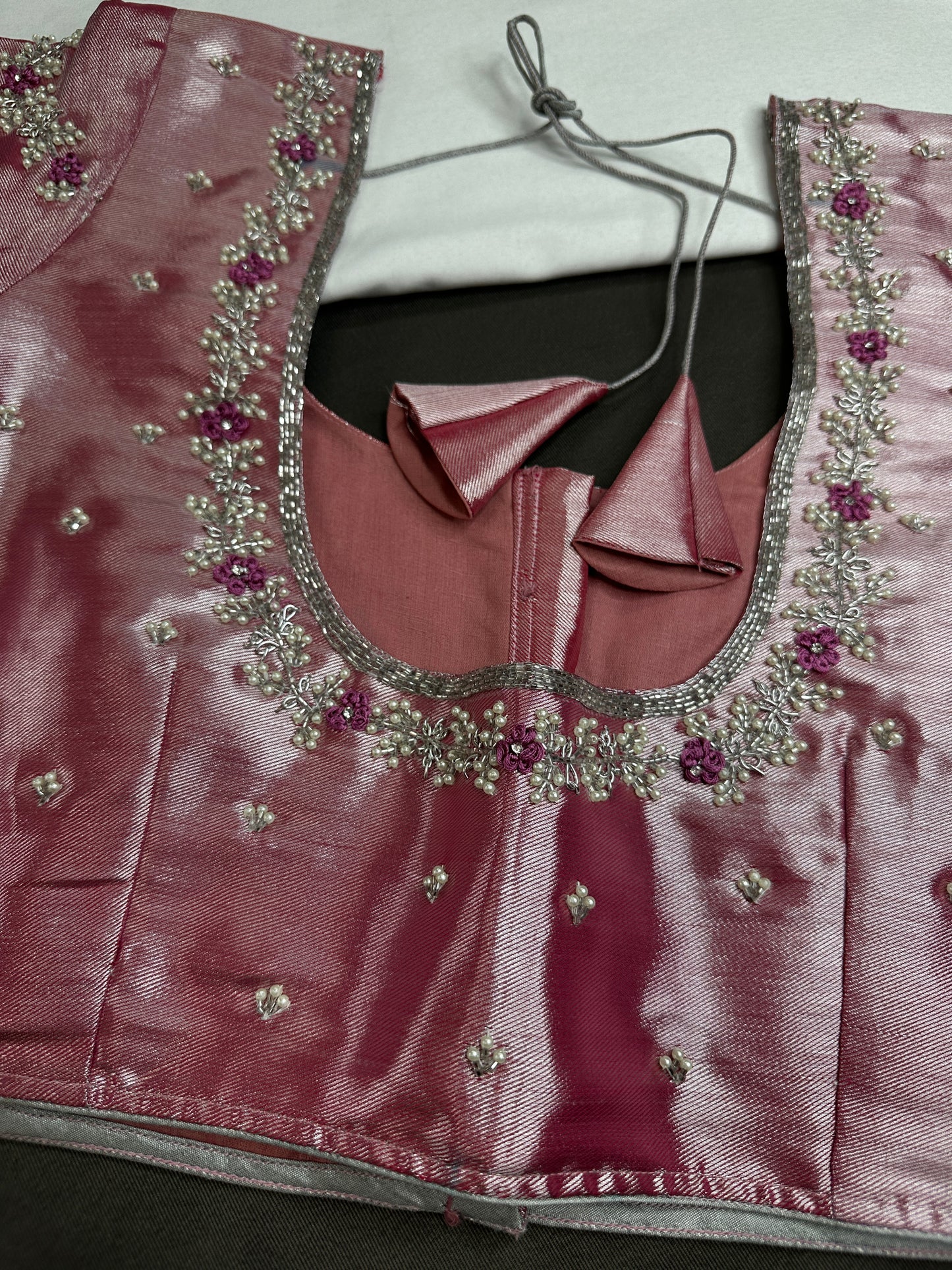 Pink Tissue Silk Maggam Aari Net Blouse - 