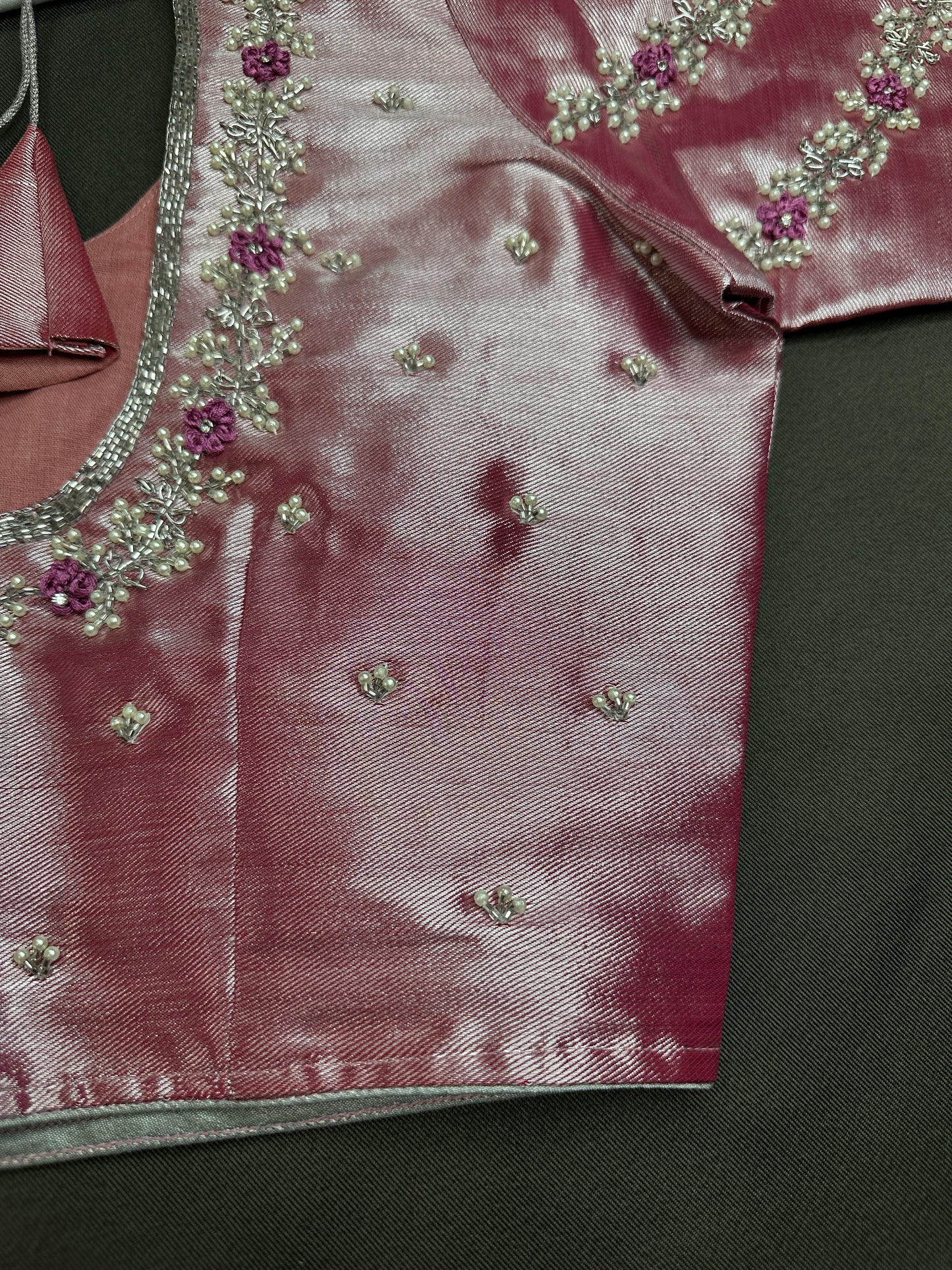 Pink Tissue Silk Maggam Aari Net Blouse - 