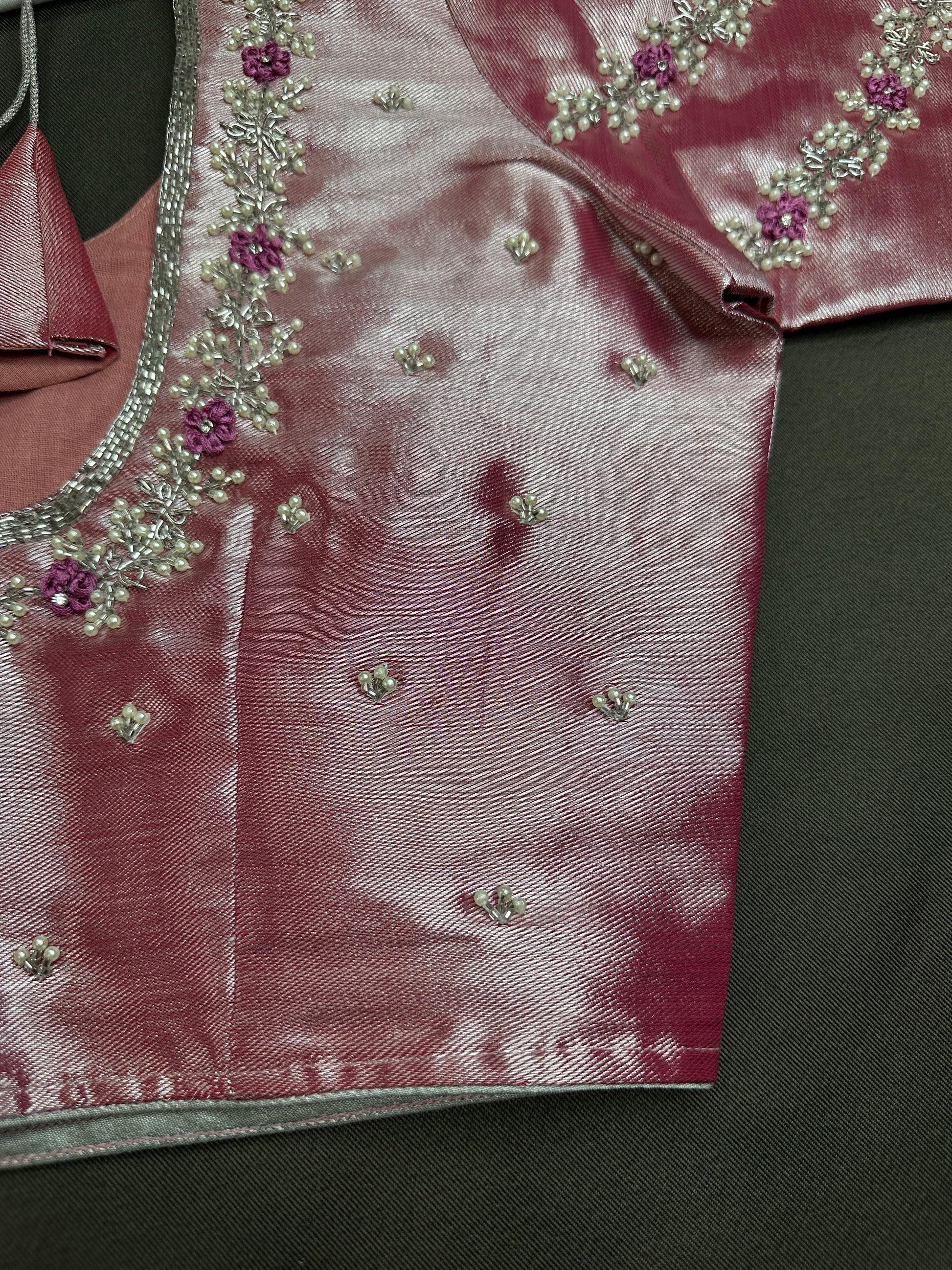 Pink Tissue Silk Maggam Aari Net Blouse - 
