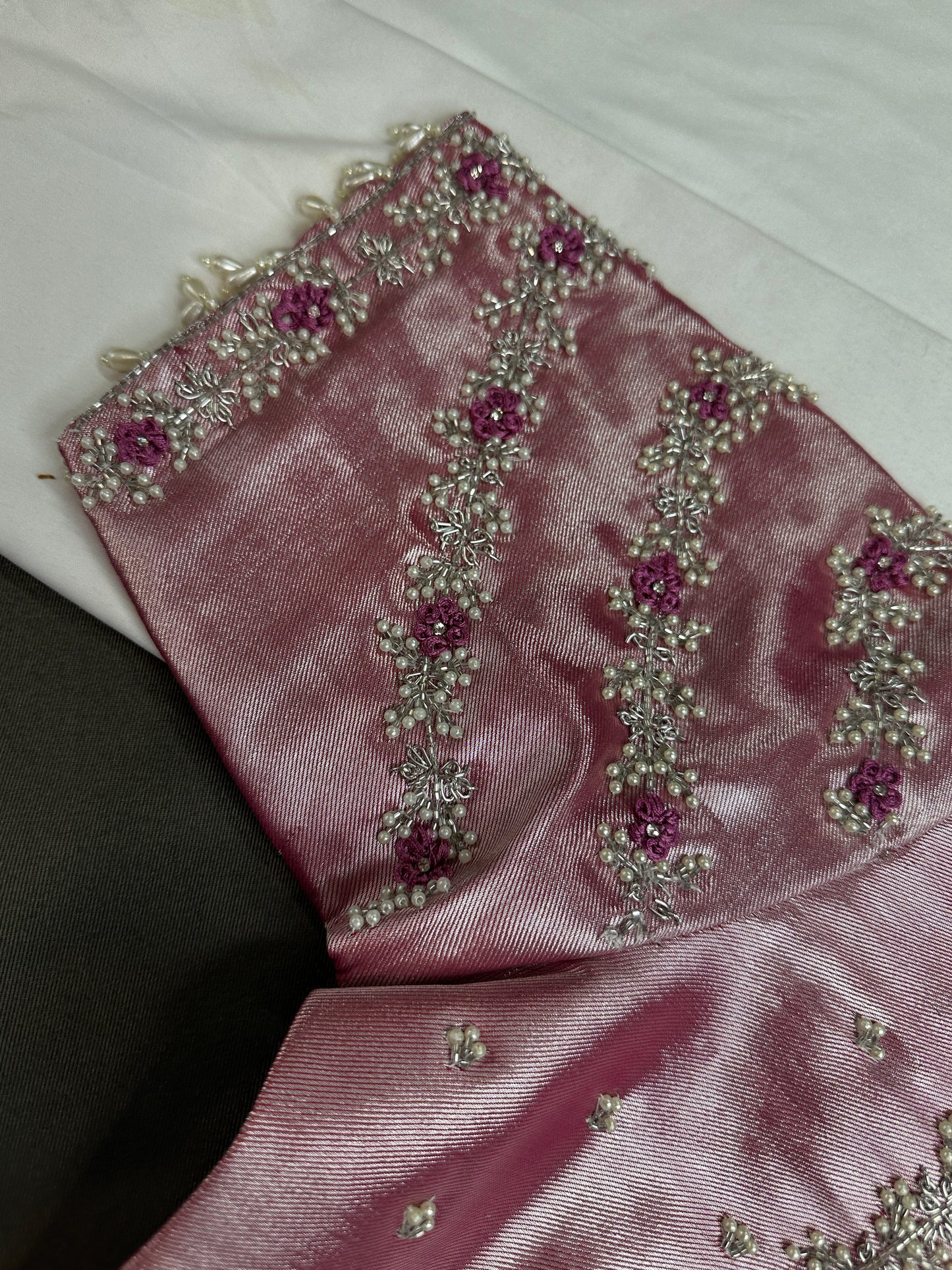 Pink Tissue Silk Maggam Aari Net Blouse - 