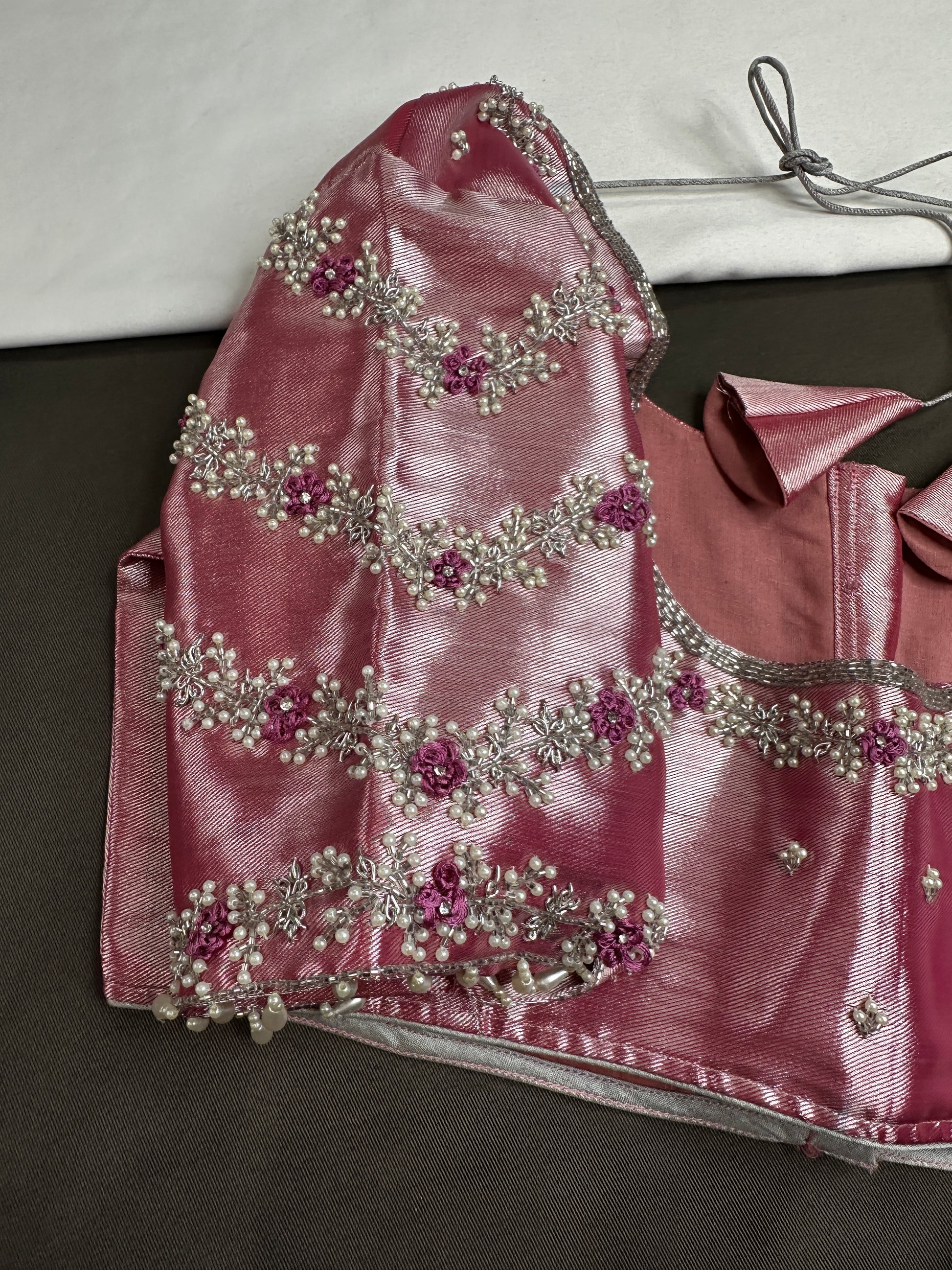 Pink Tissue Silk Maggam Aari Net Blouse - 