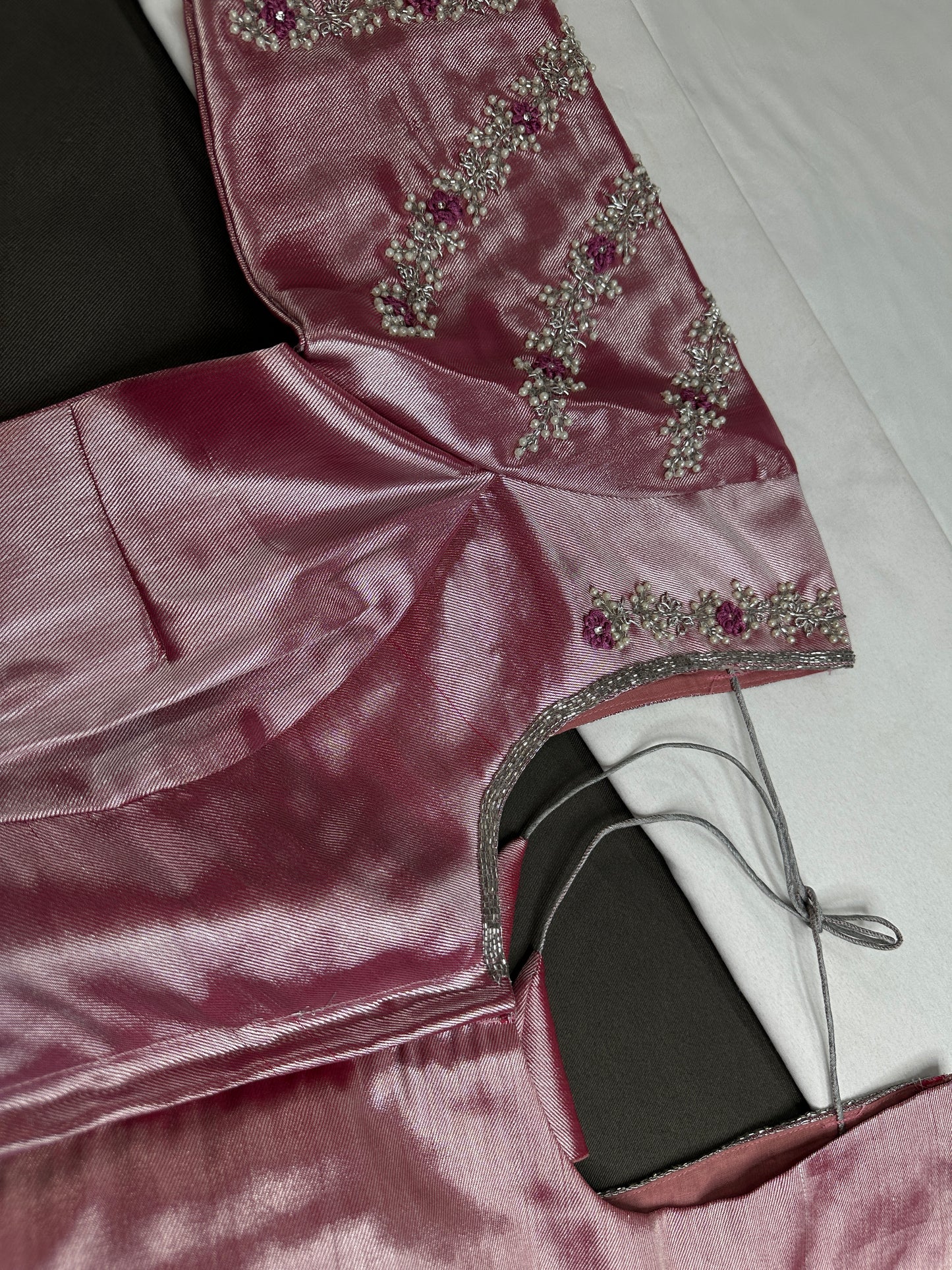 Pink Tissue Silk Maggam Aari Net Blouse - 