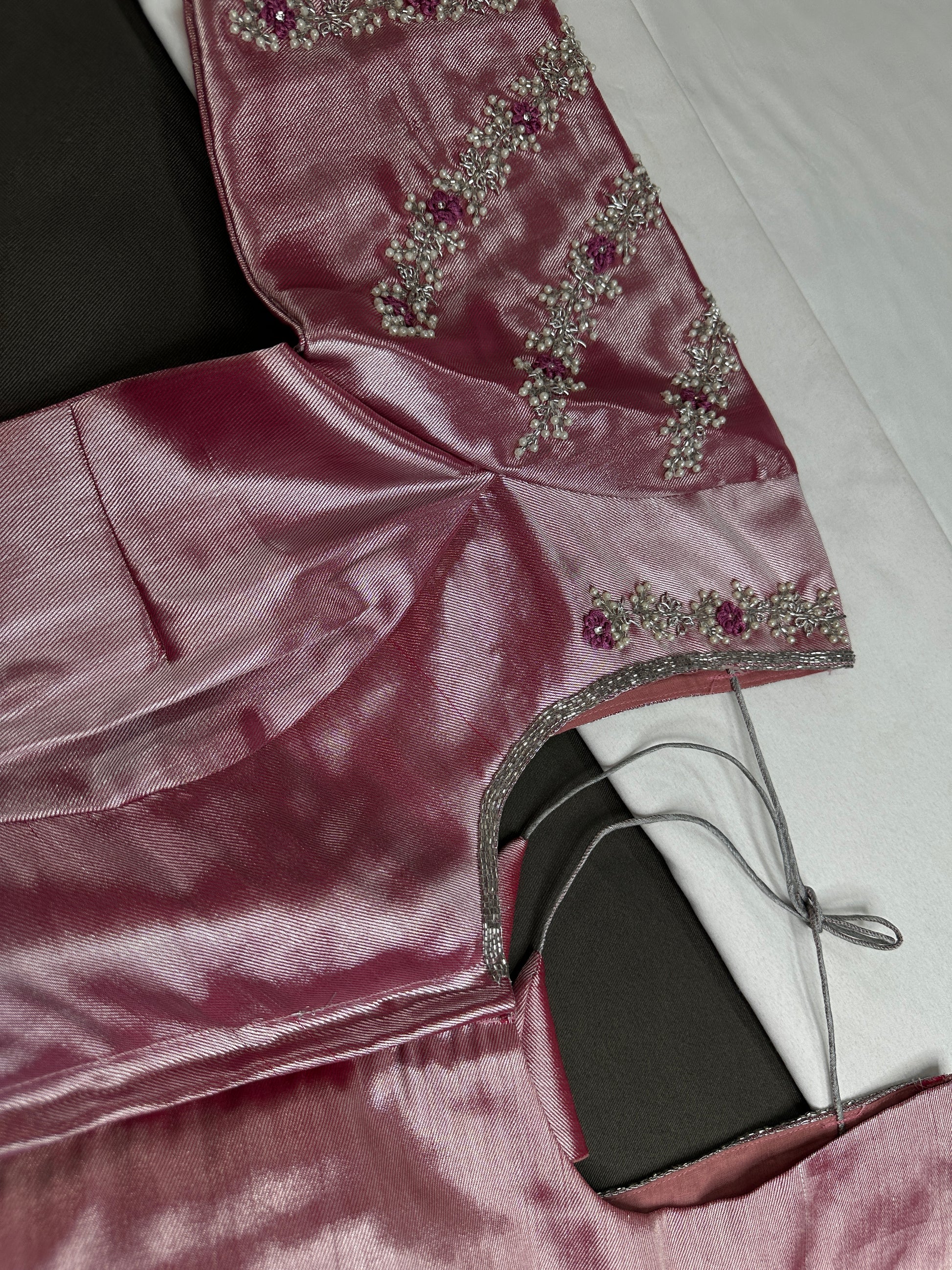 Pink Tissue Silk Maggam Aari Net Blouse - 