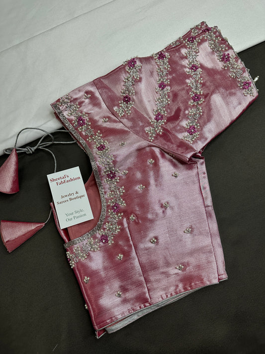 Pink Tissue Silk Maggam Aari Net Blouse - 