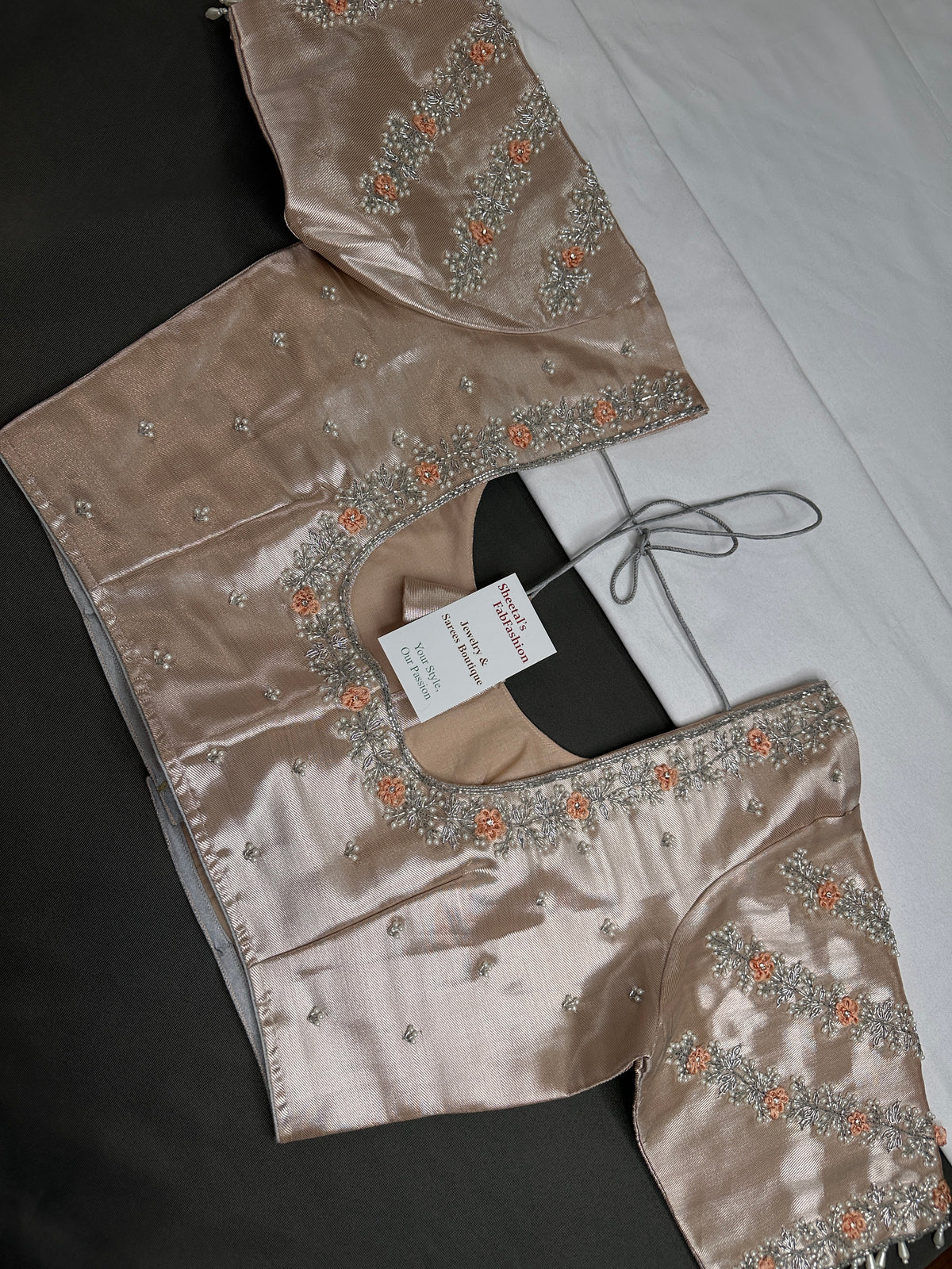 Light Peach Tissue Silk Maggam Aari Net Blouse - 