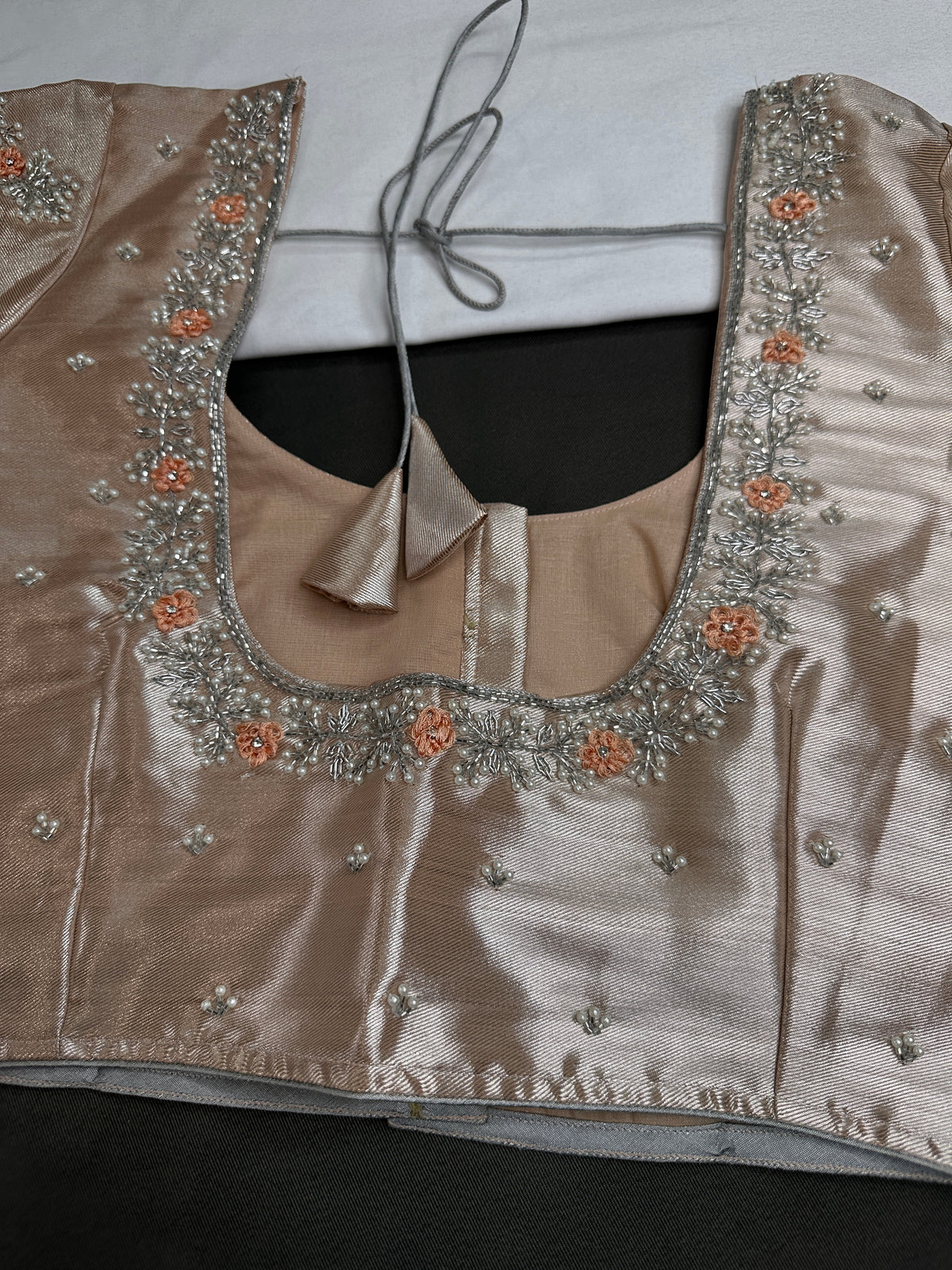 Light Peach Tissue Silk Maggam Aari Net Blouse - 