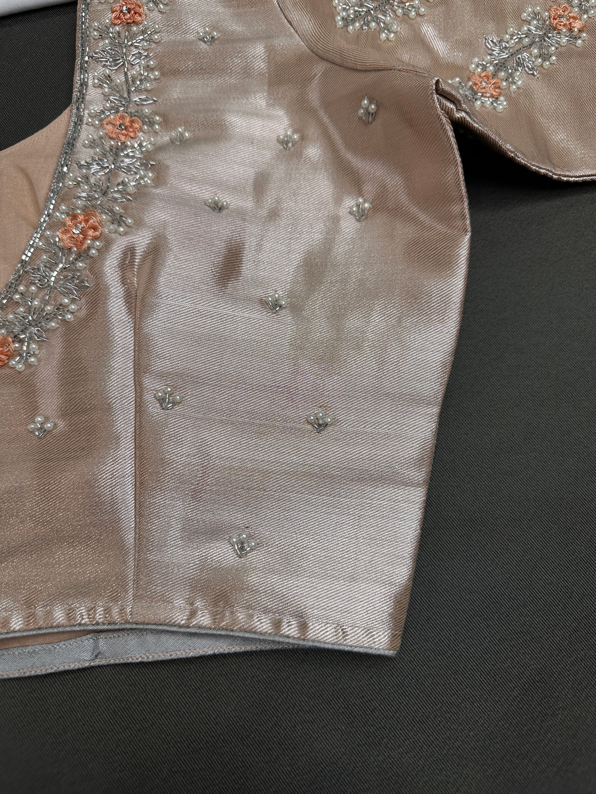 Light Peach Tissue Silk Maggam Aari Net Blouse - 
