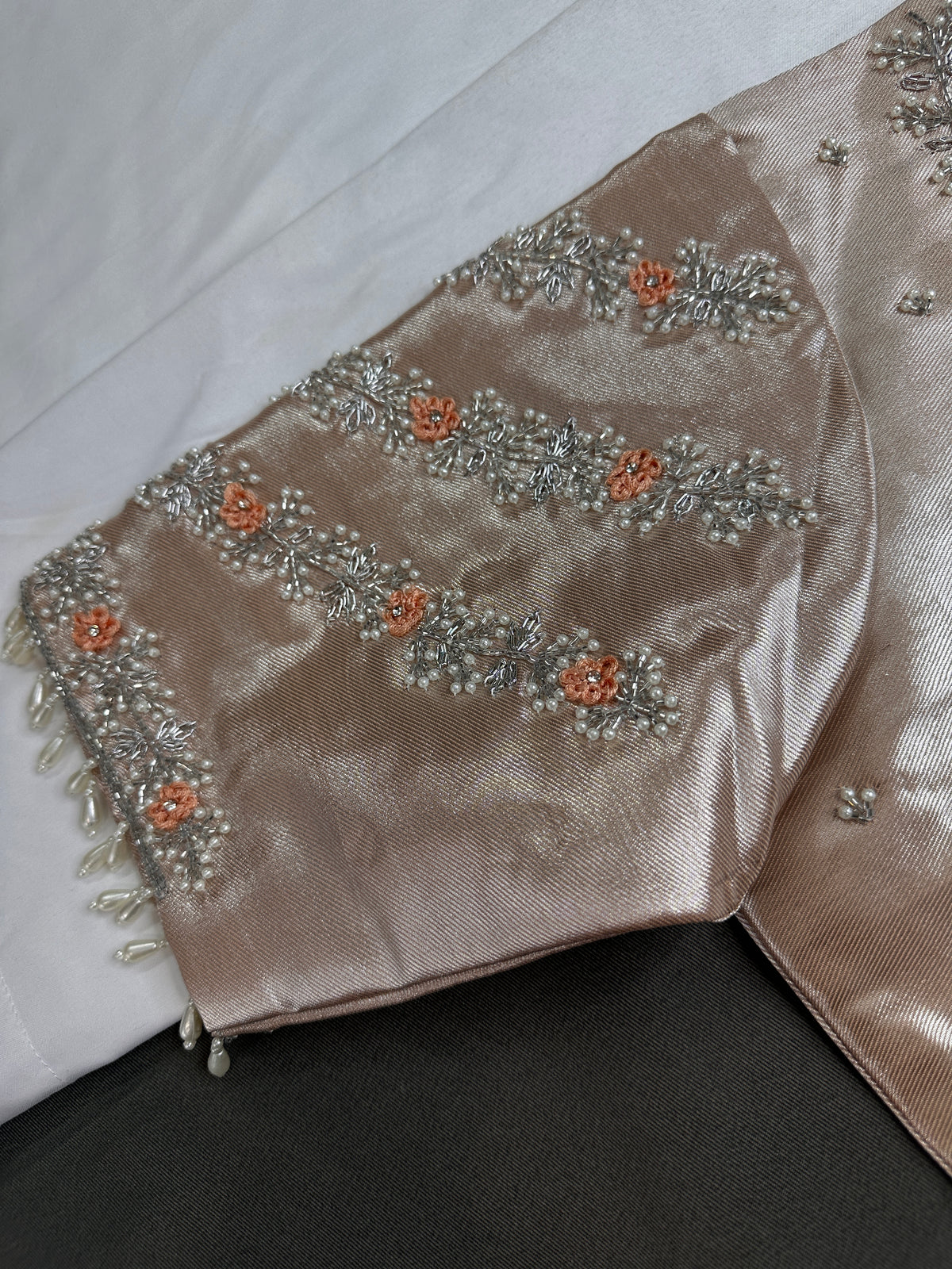 Light Peach Tissue Silk Maggam Aari Net Blouse - 