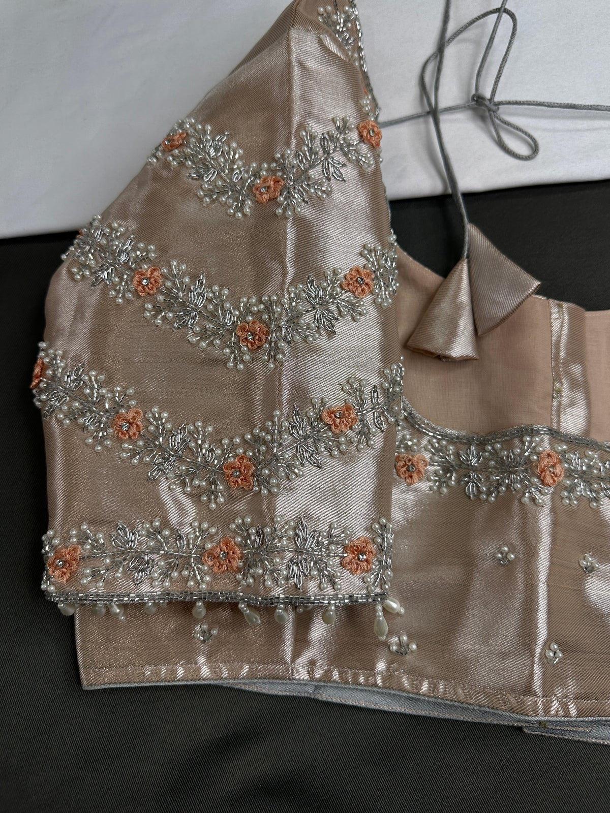 Light Peach Tissue Silk Maggam Aari Net Blouse - 