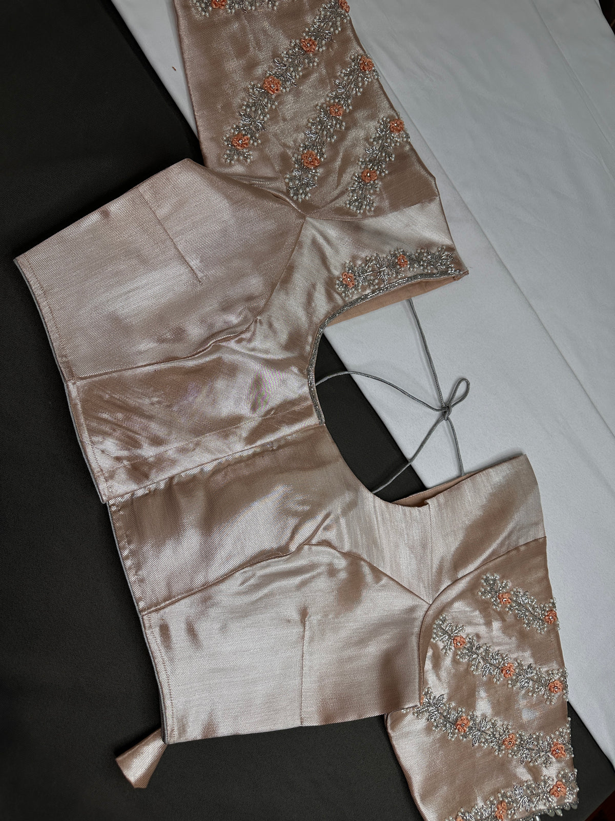 Light Peach Tissue Silk Maggam Aari Net Blouse - 
