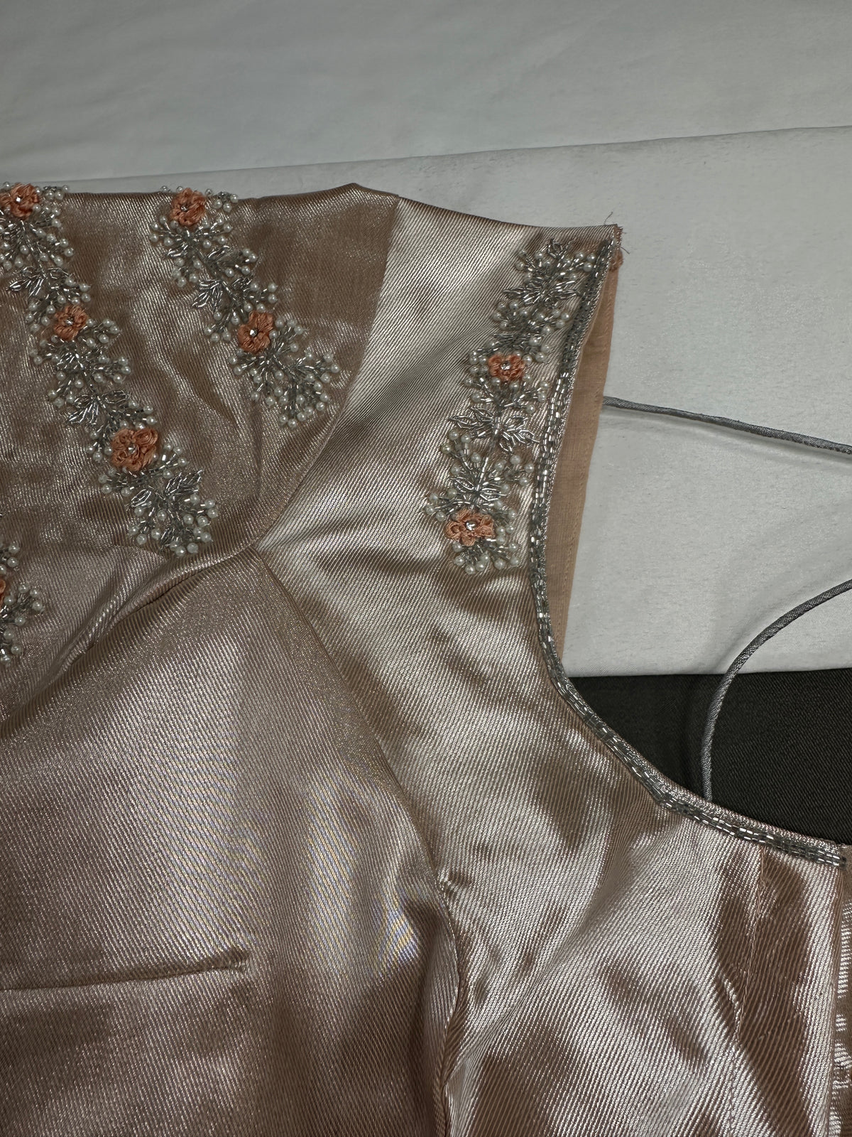 Light Peach Tissue Silk Maggam Aari Net Blouse - 