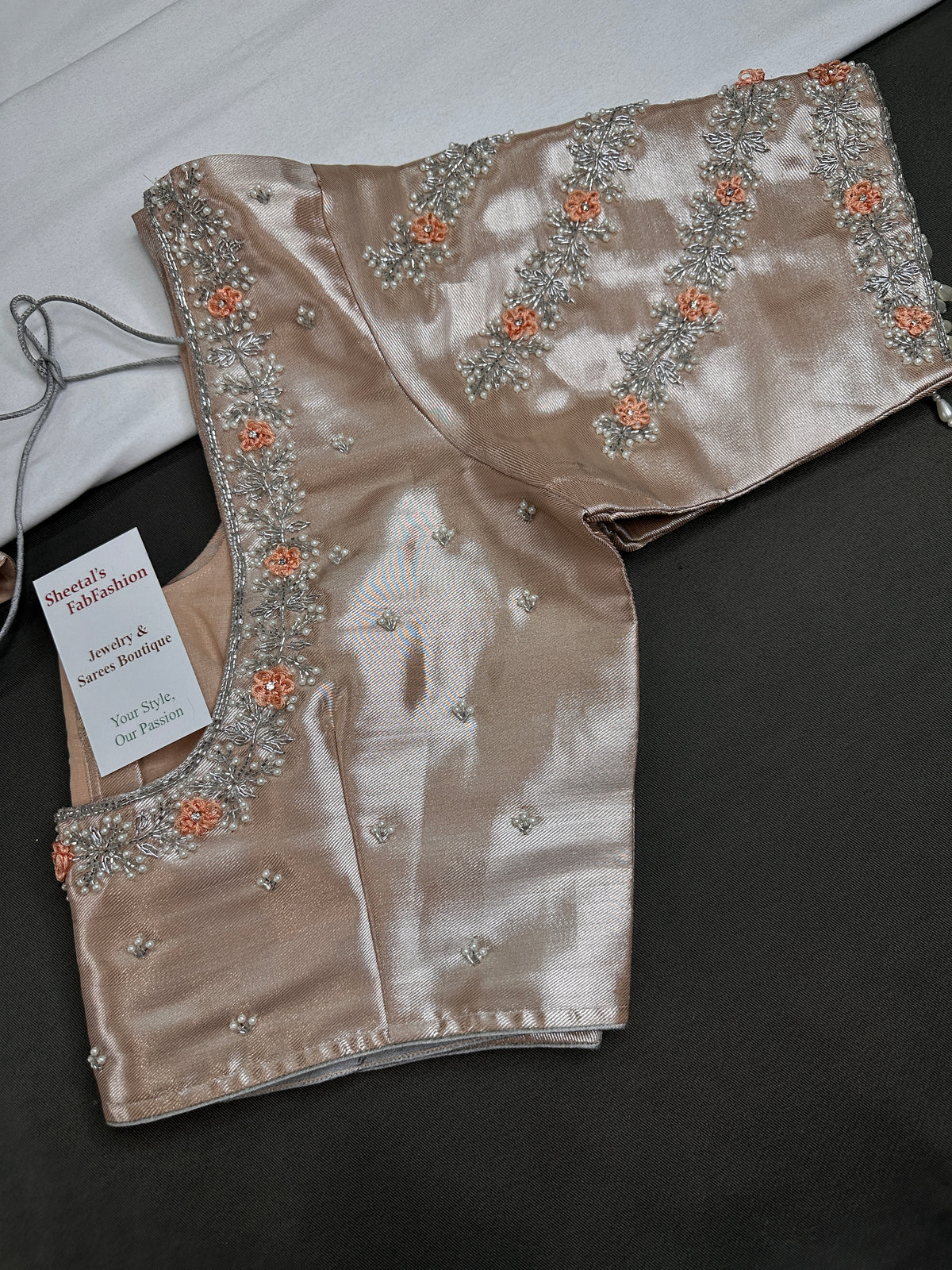 Light Peach Tissue Silk Maggam Aari Net Blouse - 