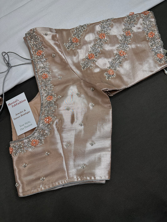 Light Peach Tissue Silk Maggam Aari Net Blouse - 