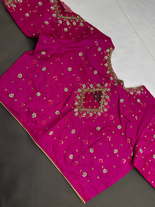 Pink Net Silk Maggam Aari Blouse - 