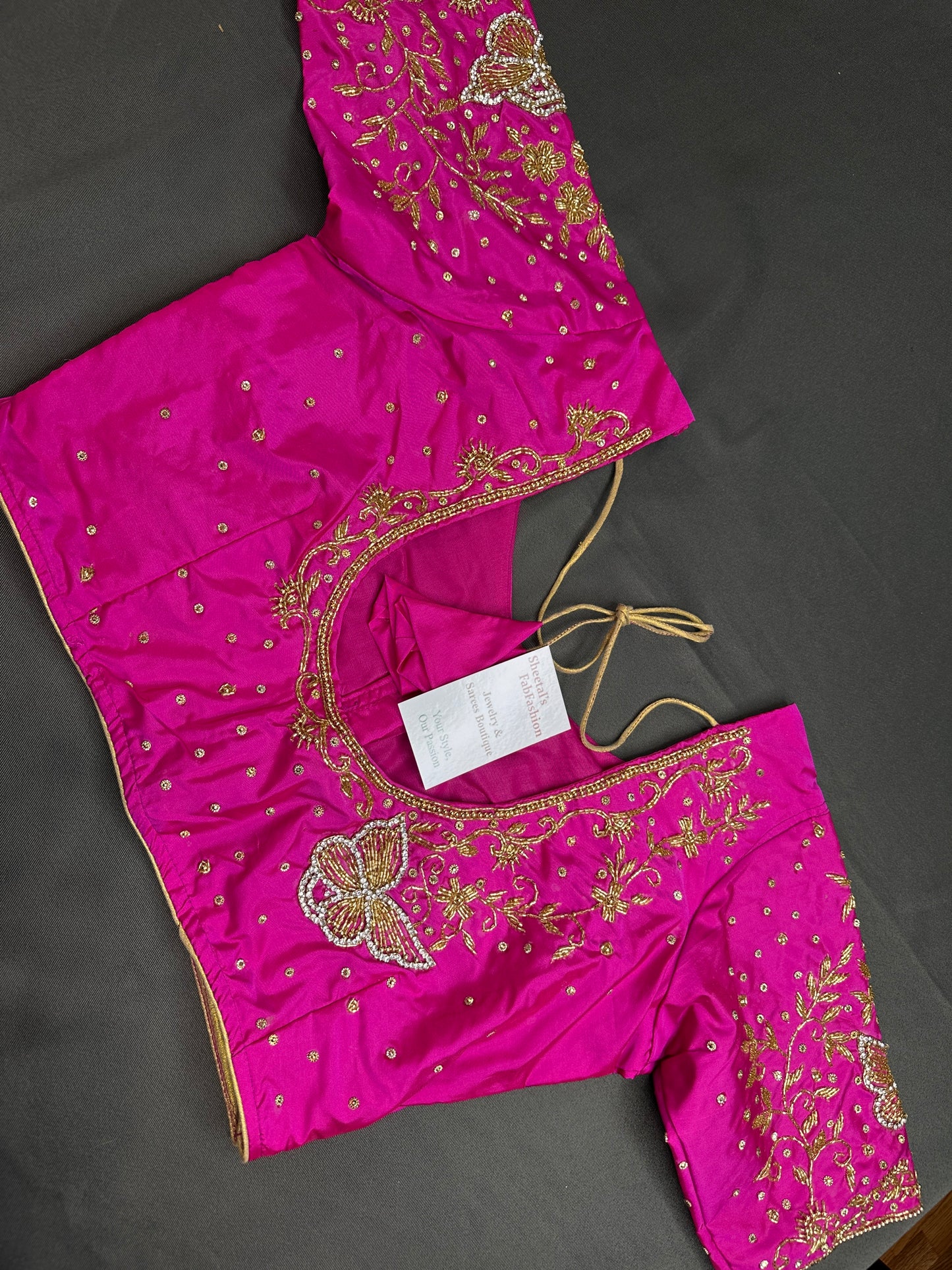 Butterfly Pattern Pink Silk Maggam Aari Pearl Work Blouse - 