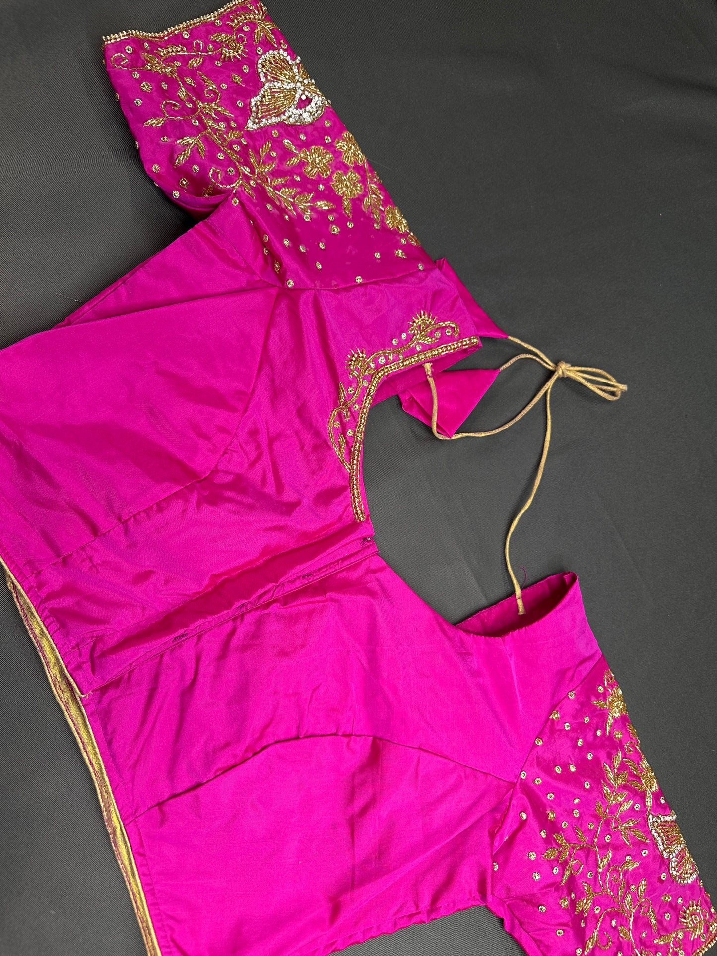 Butterfly Pattern Pink Silk Maggam Aari Pearl Work Blouse - 