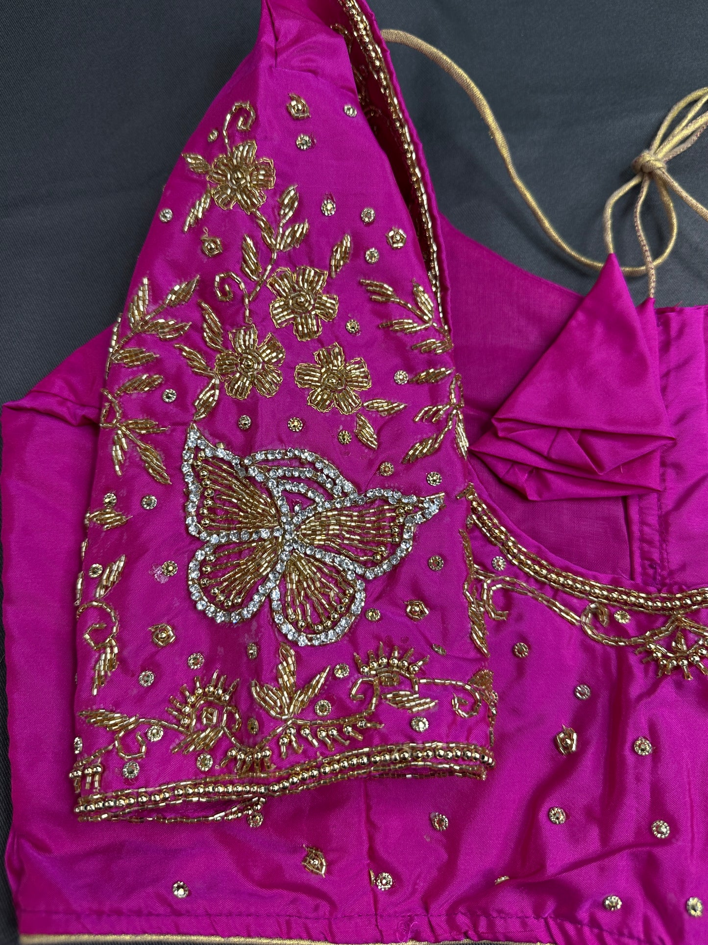 Butterfly Pattern Pink Silk Maggam Aari Pearl Work Blouse - 