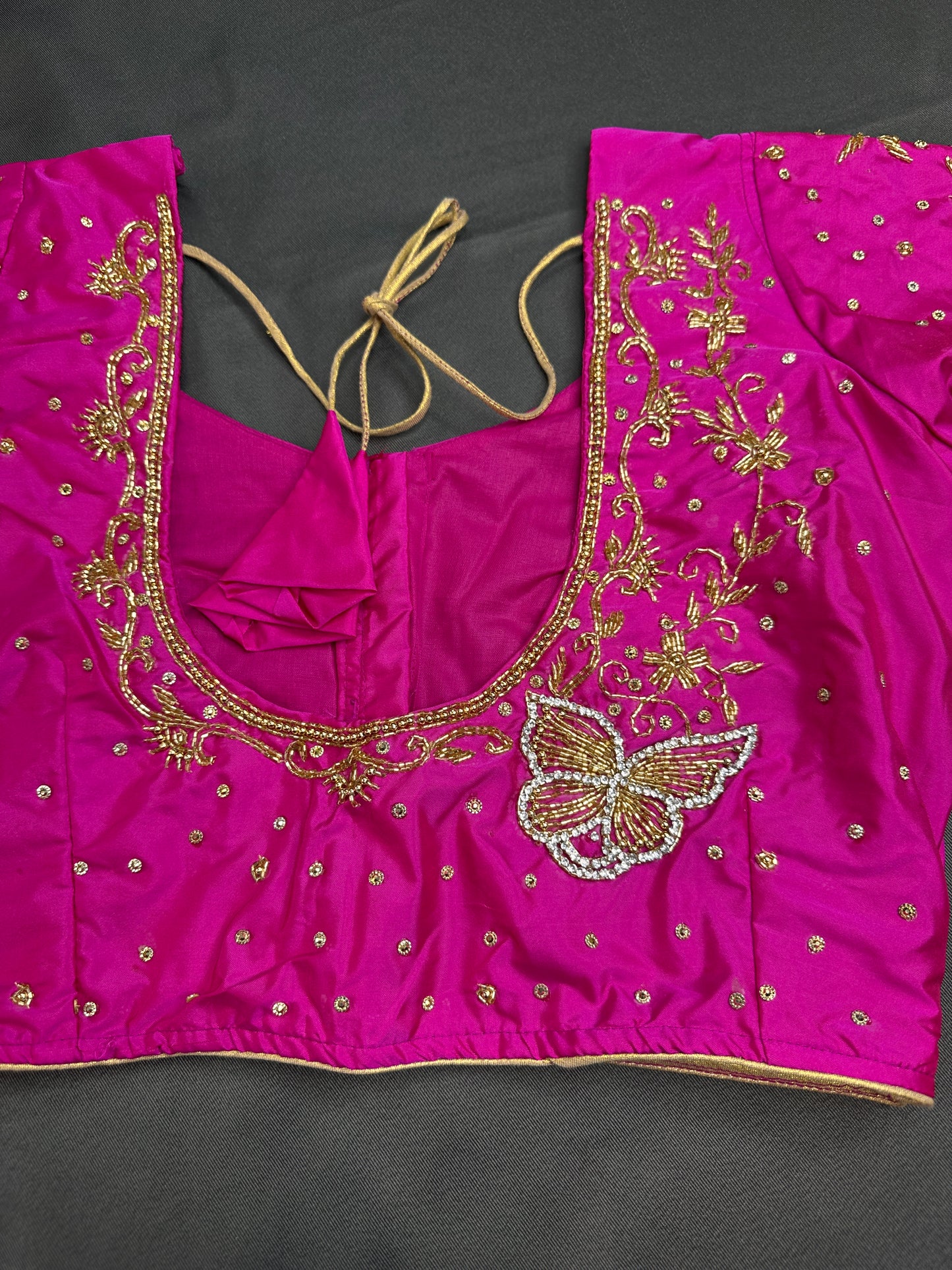 Butterfly Pattern Pink Silk Maggam Aari Pearl Work Blouse - 