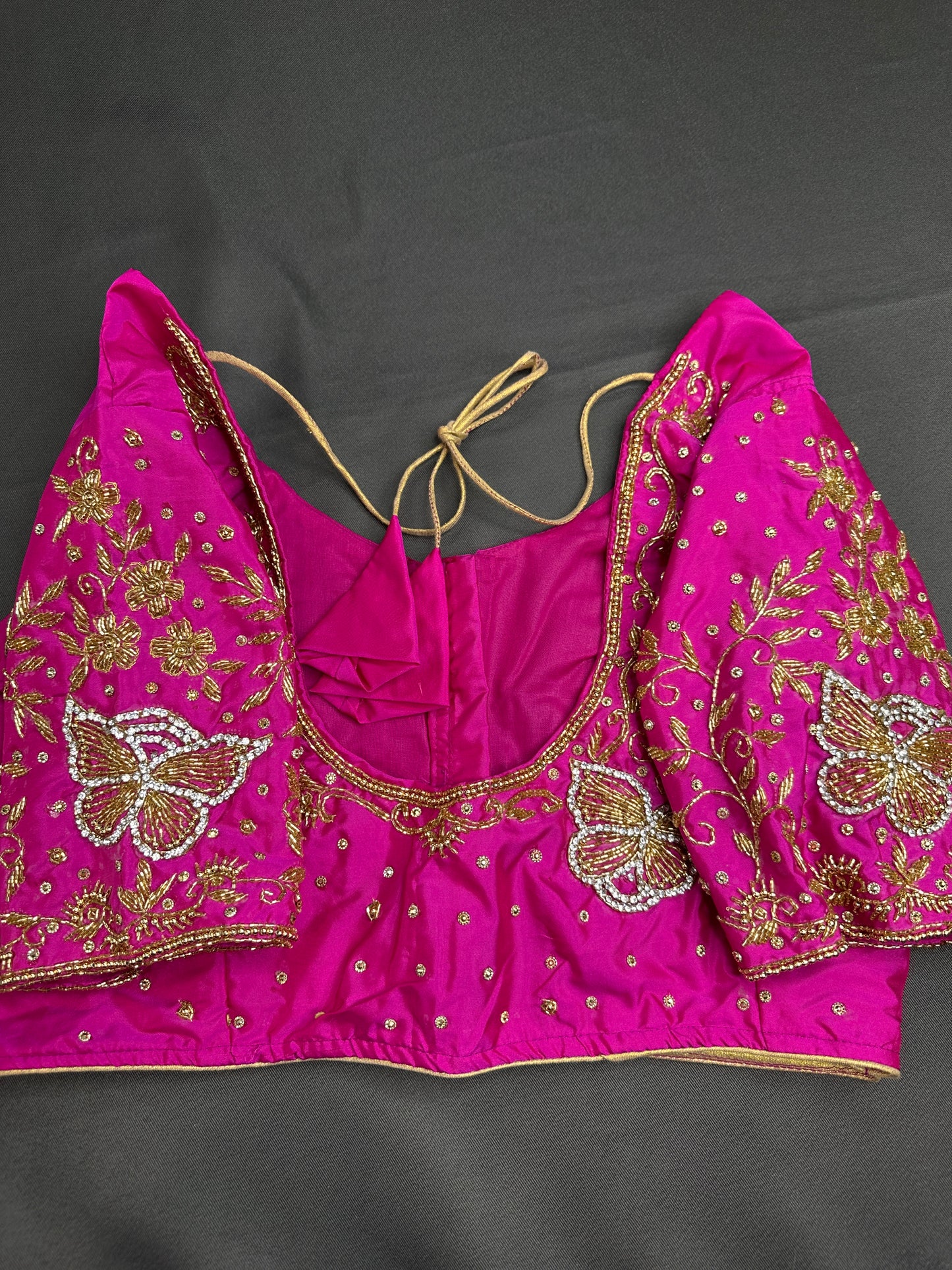 Butterfly Pattern Pink Silk Maggam Aari Pearl Work Blouse - 