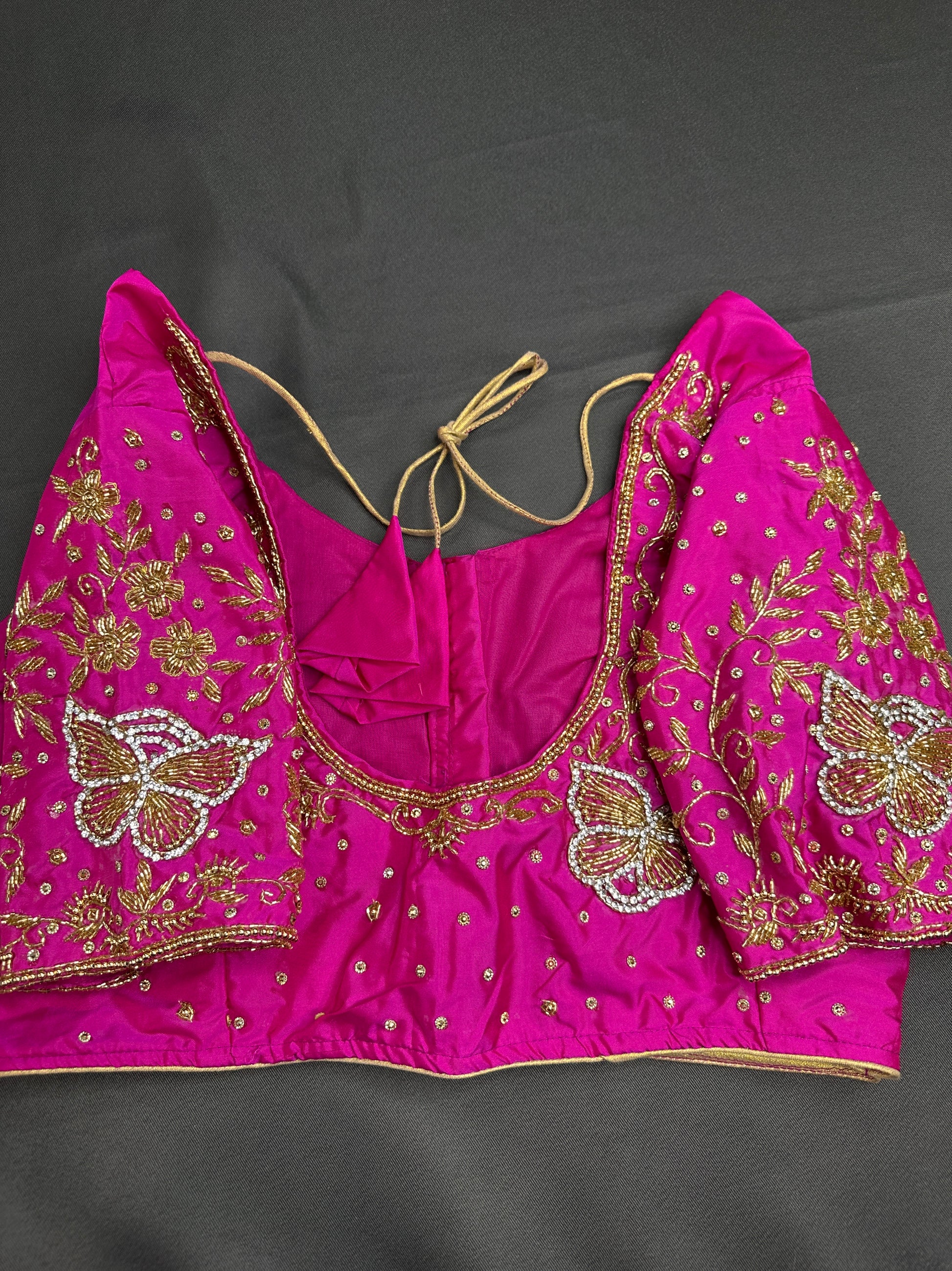 Butterfly Pattern Pink Silk Maggam Aari Pearl Work Blouse - 