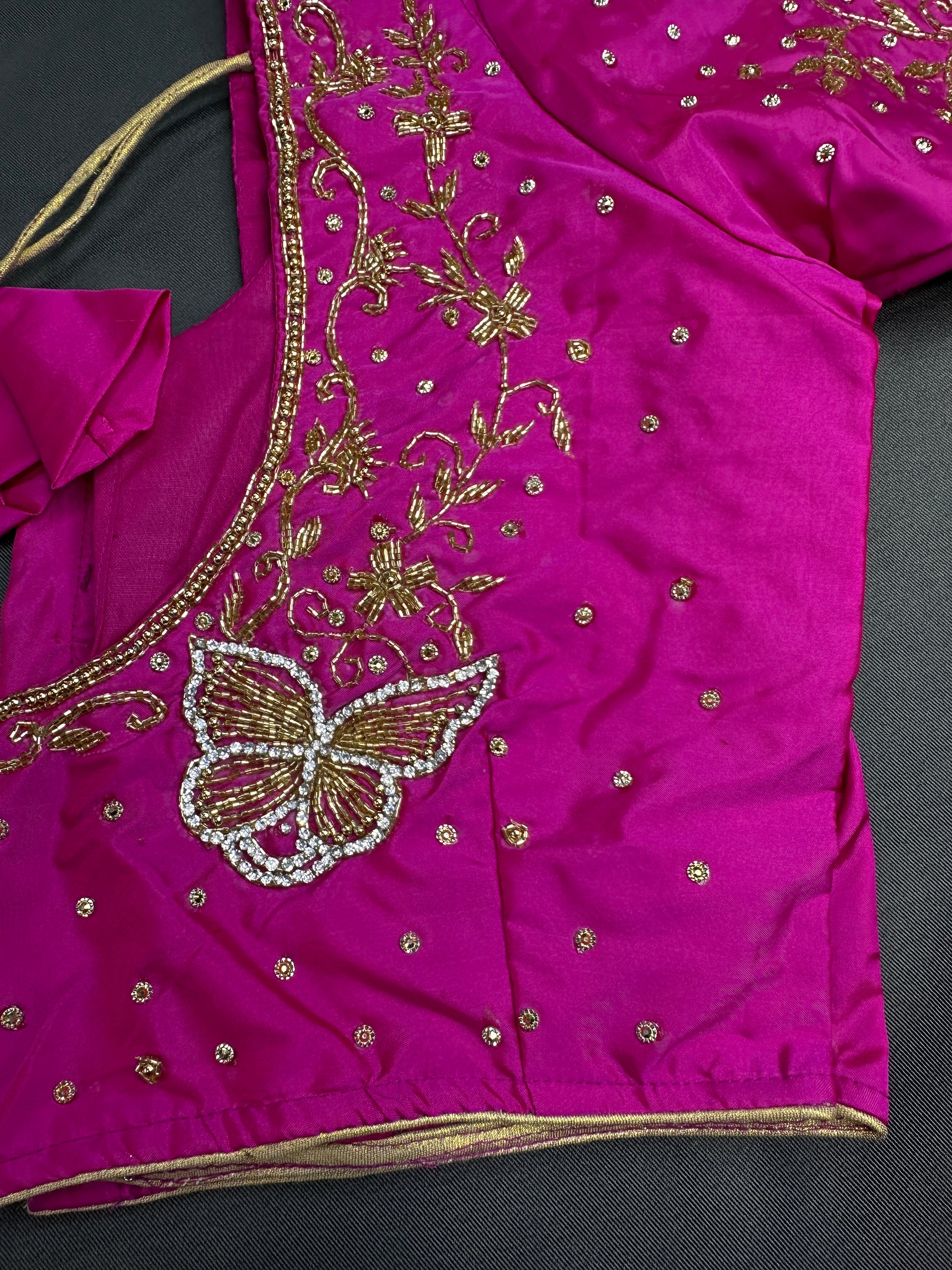Butterfly Pattern Pink Silk Maggam Aari Pearl Work Blouse - 