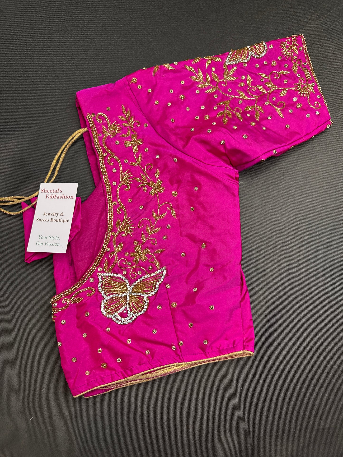 Butterfly Pattern Pink Silk Maggam Aari Pearl Work Blouse - 