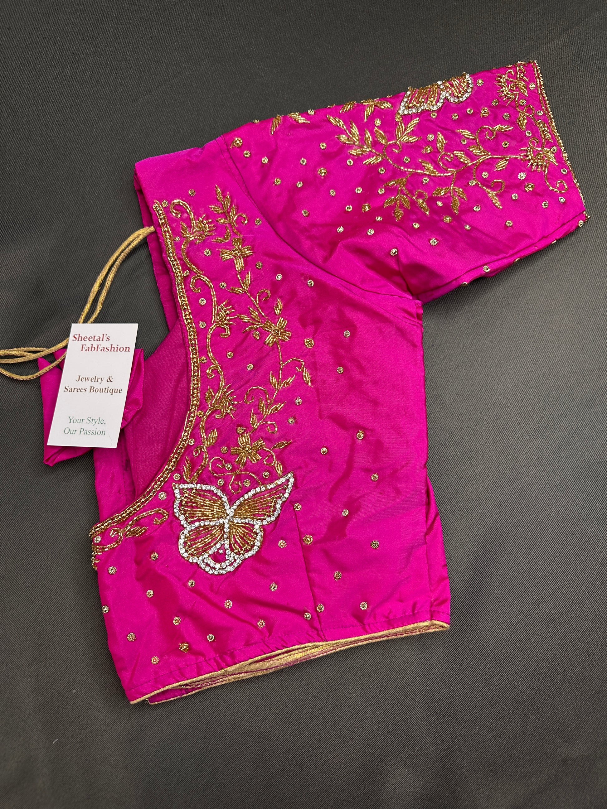 Butterfly Pattern Pink Silk Maggam Aari Pearl Work Blouse - 