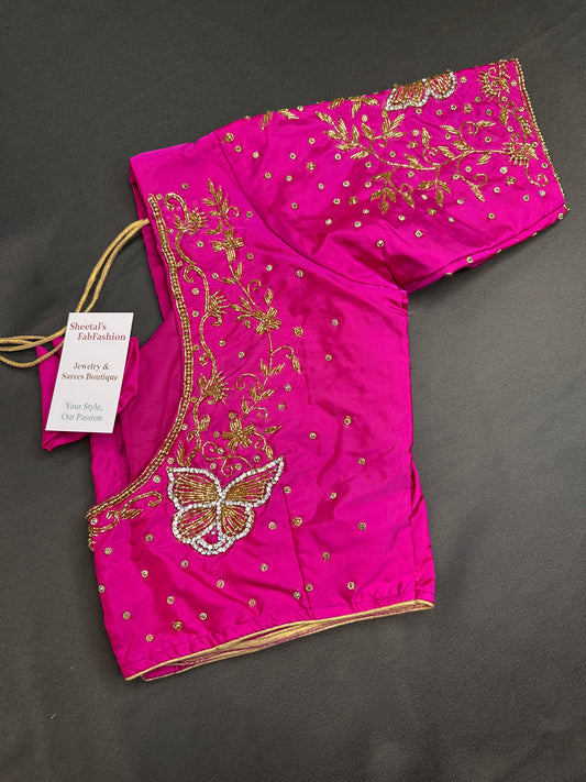 Butterfly Pattern Pink Silk Maggam Aari Pearl Work Blouse - 