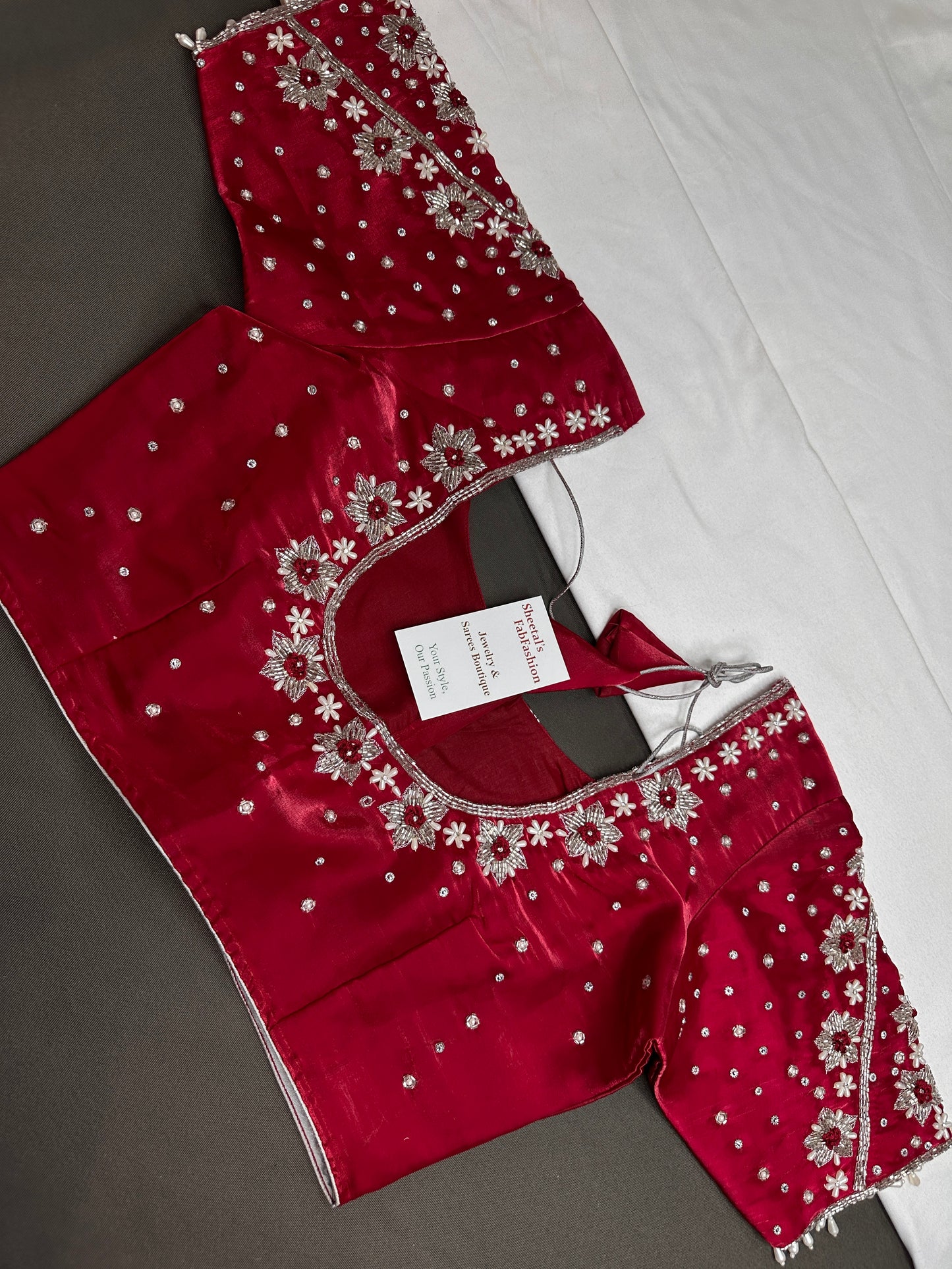 Crepe Red Silver Pearl Work Blouse - 