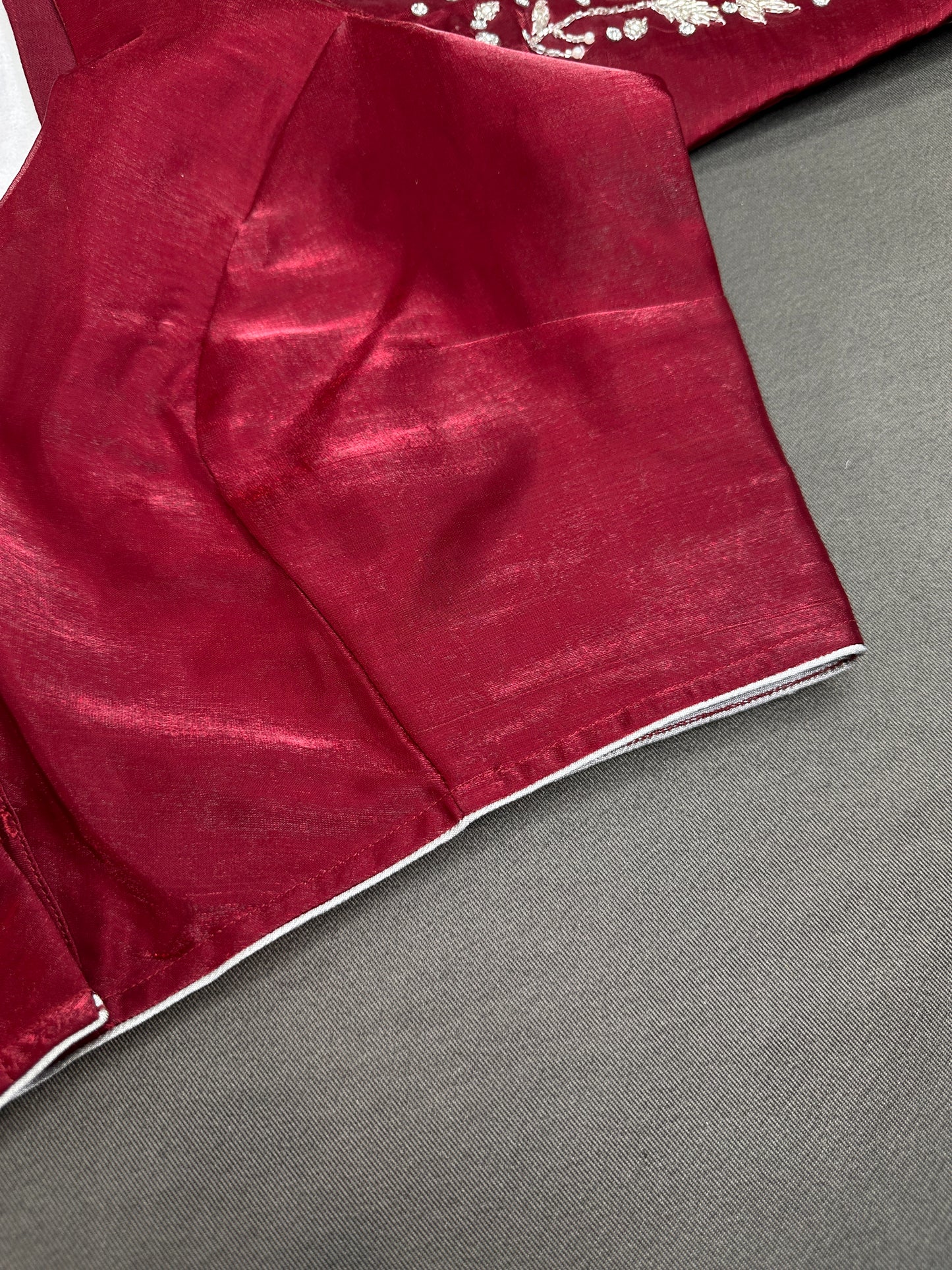 Crepe Red Silver Pearl Work Blouse - 