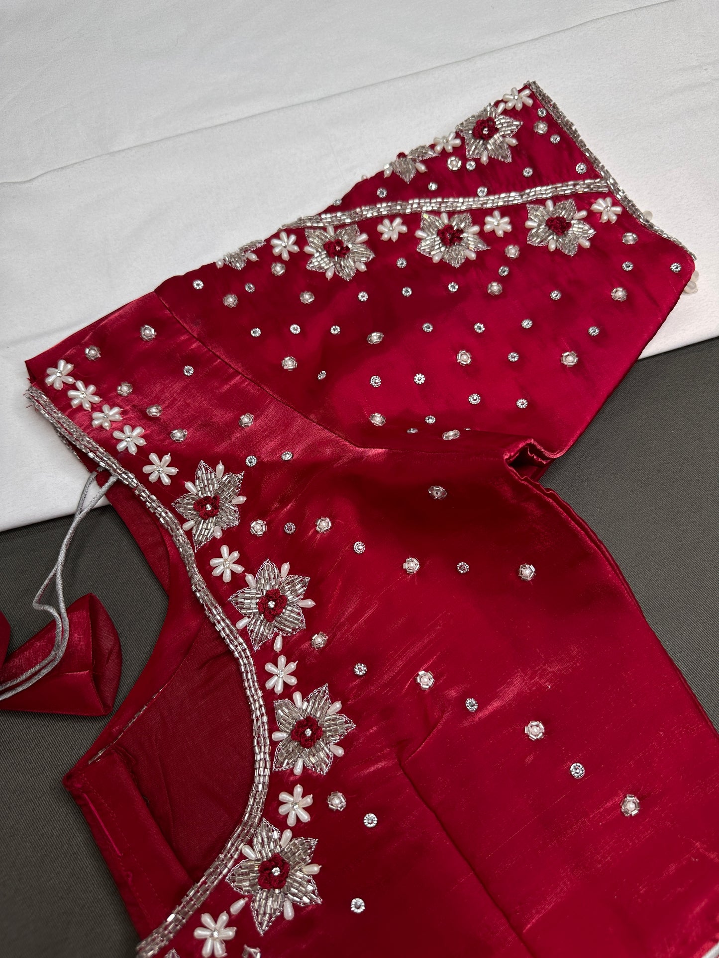Crepe Red Silver Pearl Work Blouse - 