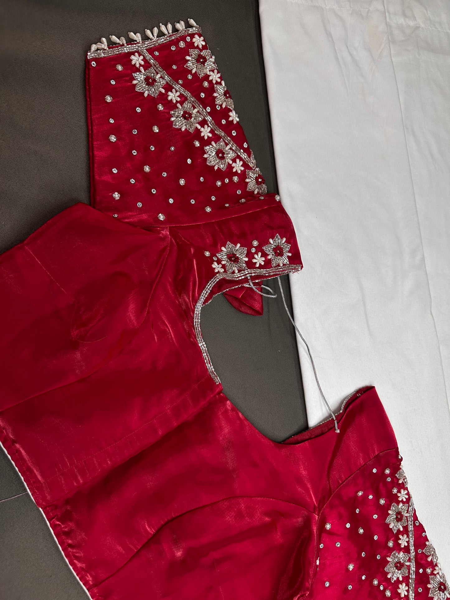 Crepe Red Silver Pearl Work Blouse - 