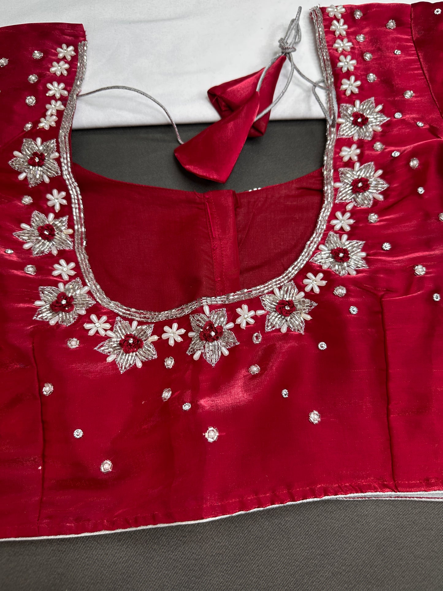 Crepe Red Silver Pearl Work Blouse - 