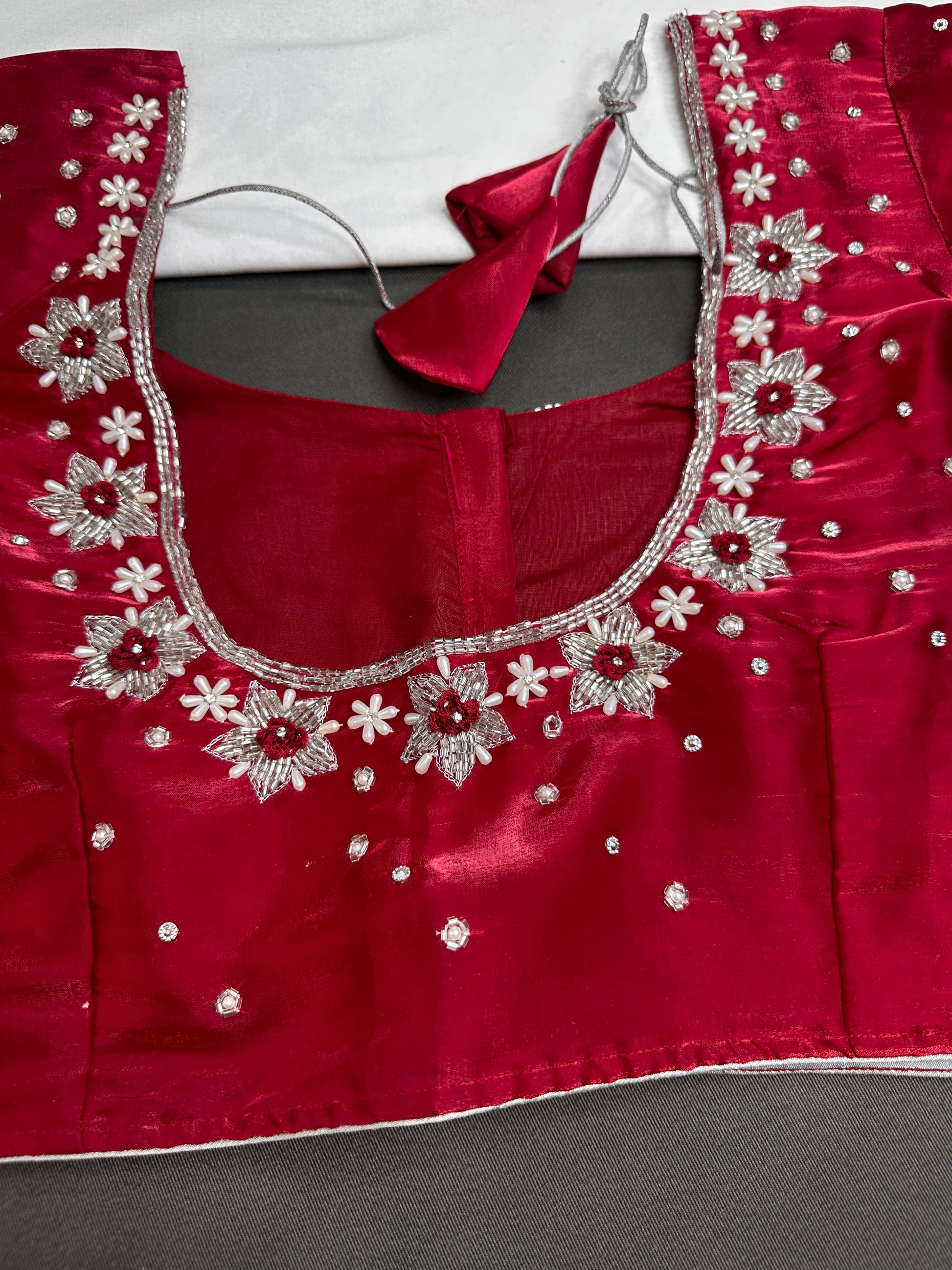 Crepe Red Silver Pearl Work Blouse - 