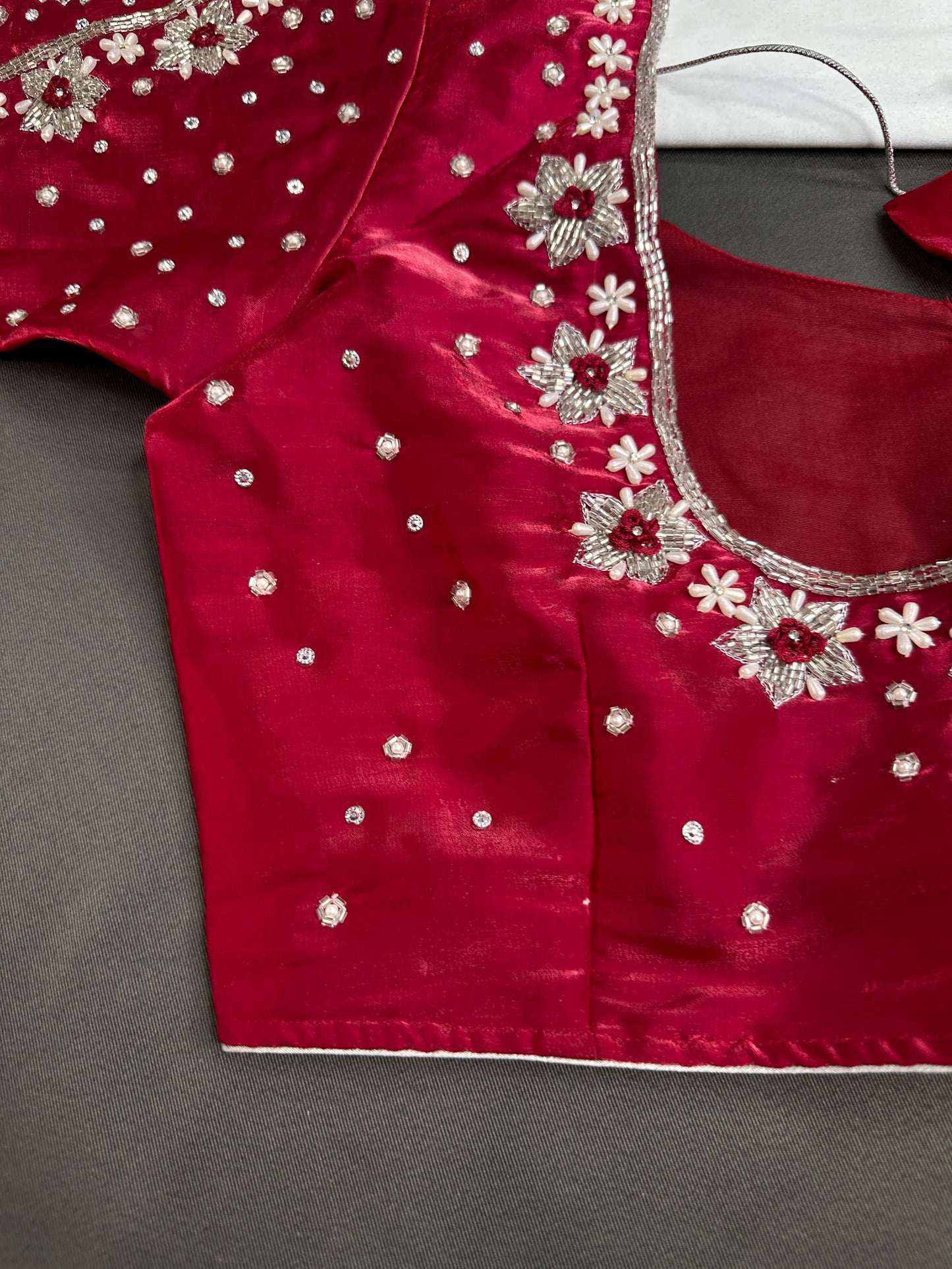 Crepe Red Silver Pearl Work Blouse - 