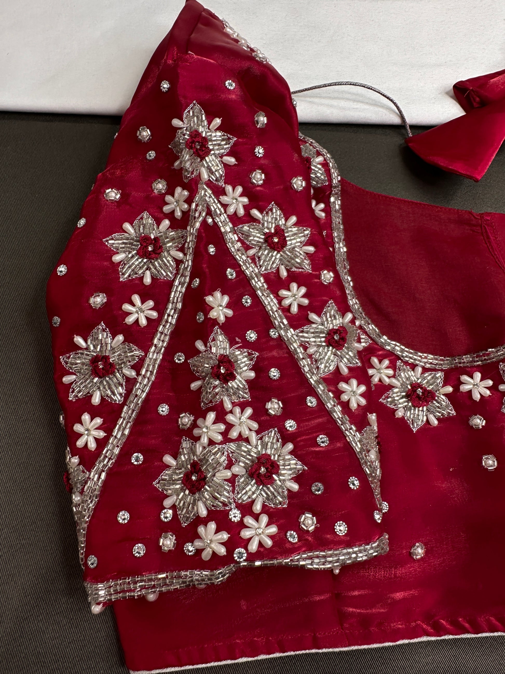Crepe Red Silver Pearl Work Blouse - 