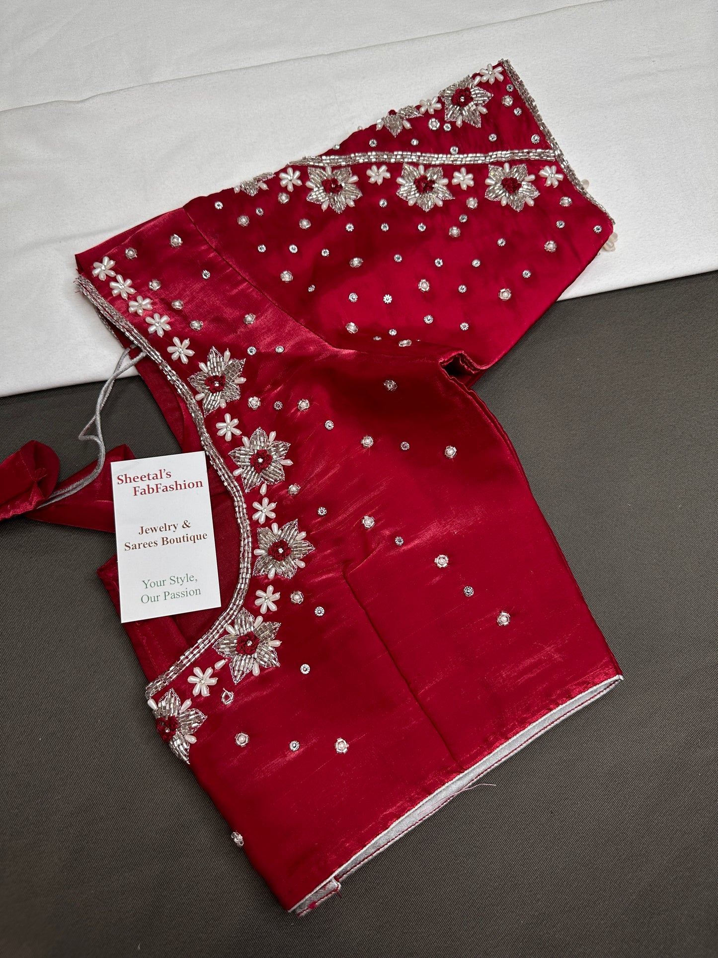 Crepe Red Silver Pearl Work Blouse - 