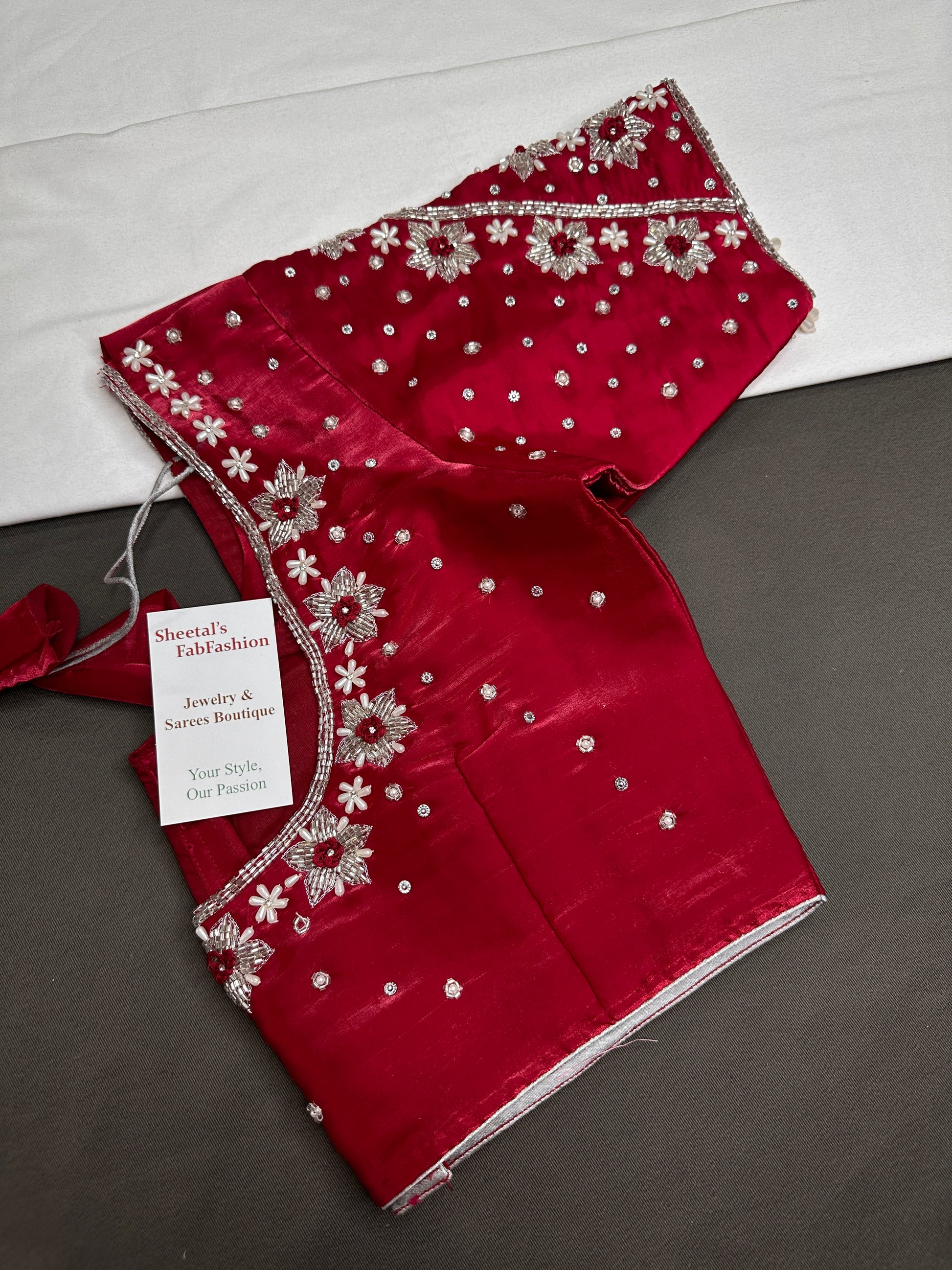 Crepe Red Silver Pearl Work Blouse - 