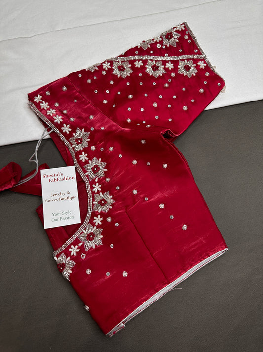 Crepe Red Silver Pearl Work Blouse - 