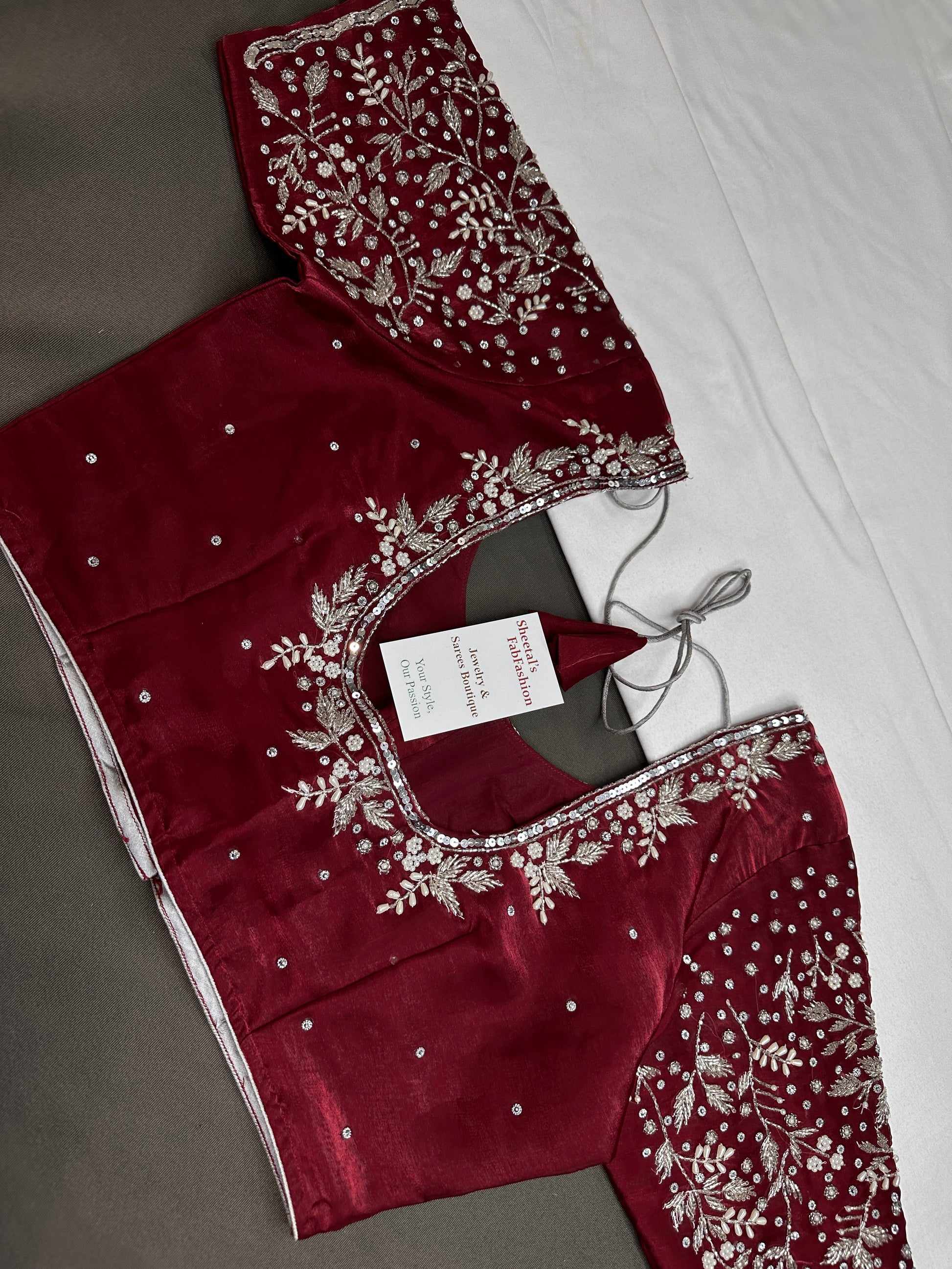 Crepe Maroon Red Silver Pearl Work Blouse - 
