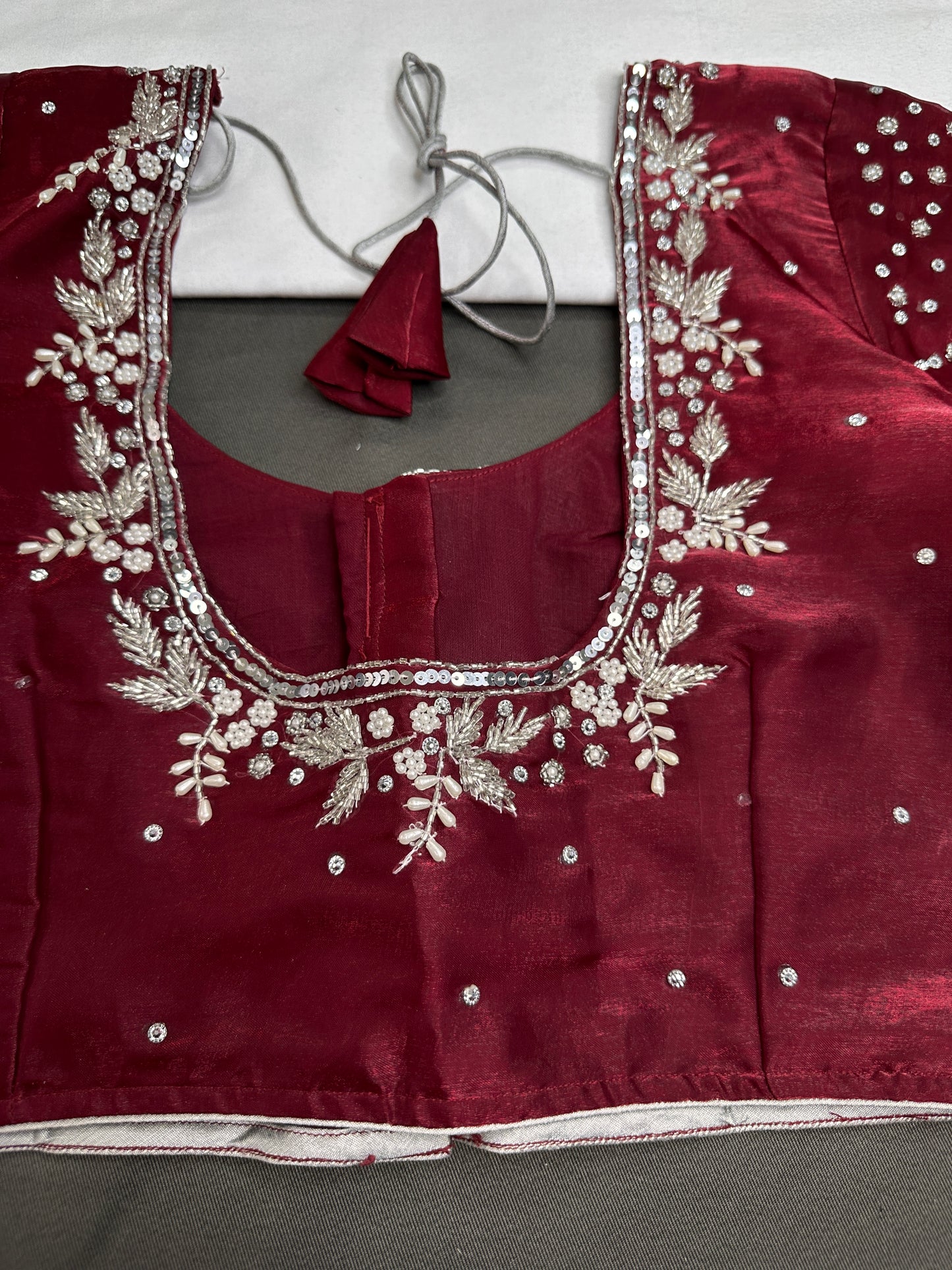 Crepe Maroon Red Silver Pearl Work Blouse - 