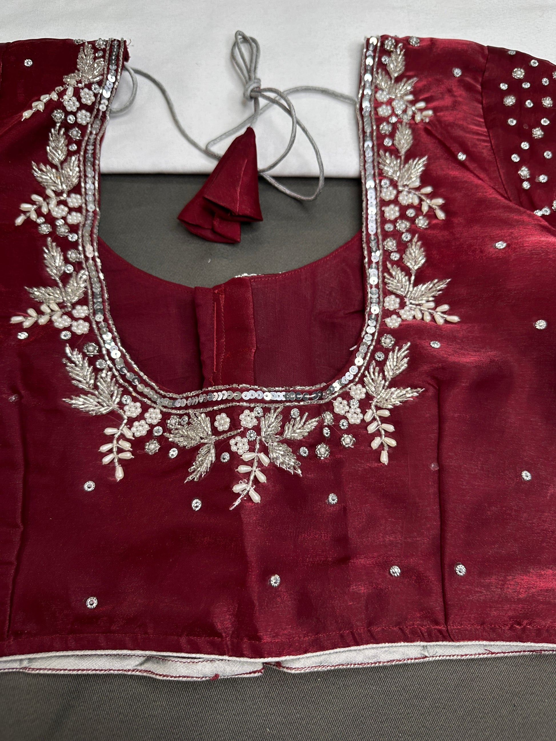 Crepe Maroon Red Silver Pearl Work Blouse - 