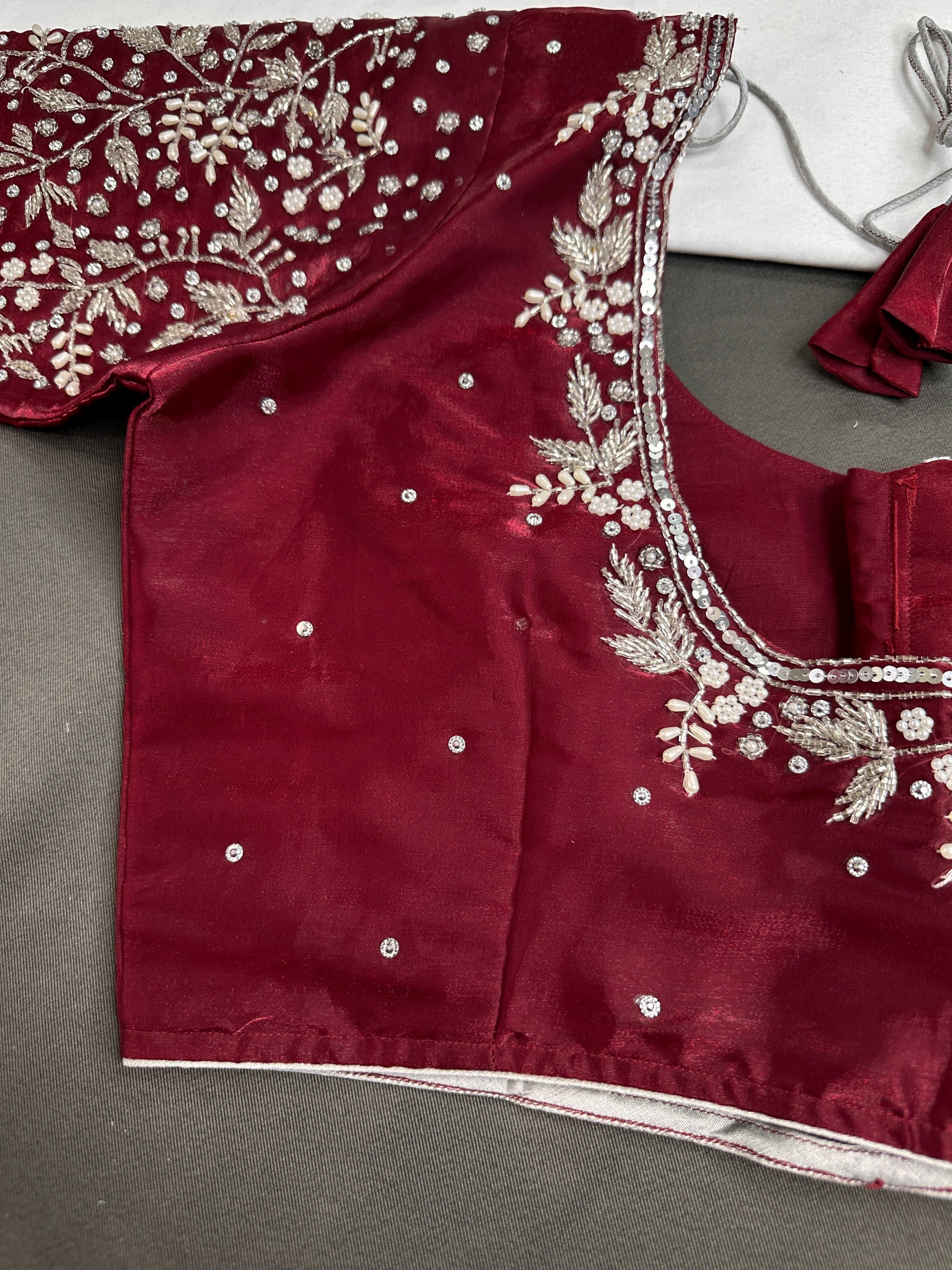 Crepe Maroon Red Silver Pearl Work Blouse - 