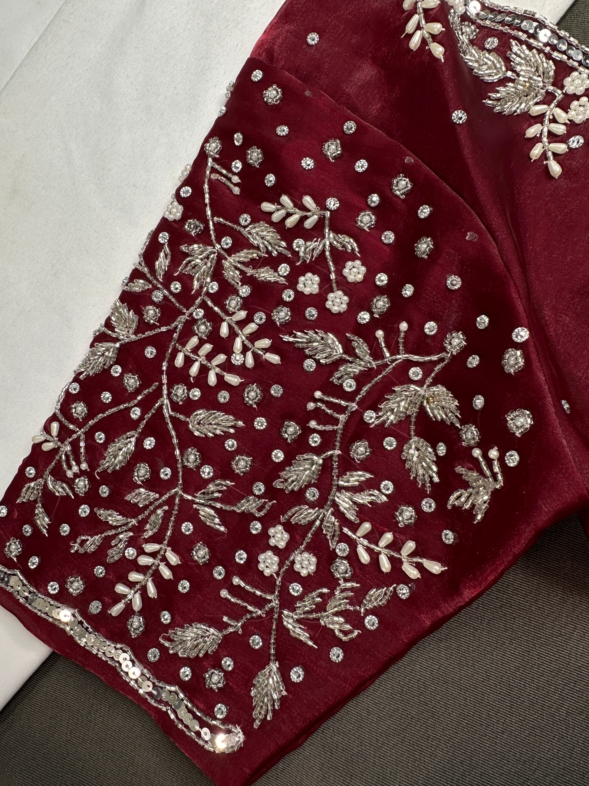 Crepe Maroon Red Silver Pearl Work Blouse - 