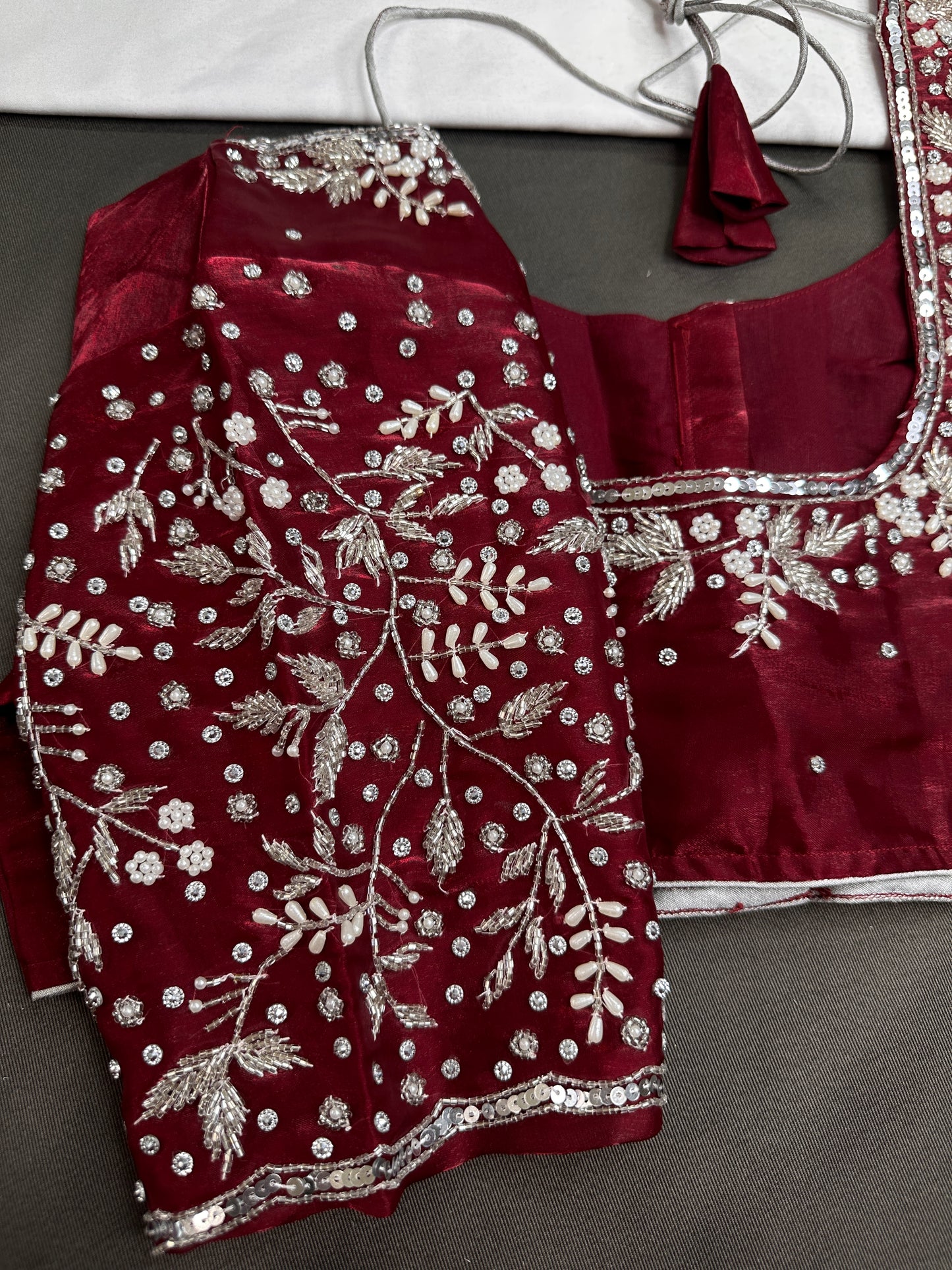 Crepe Maroon Red Silver Pearl Work Blouse - 