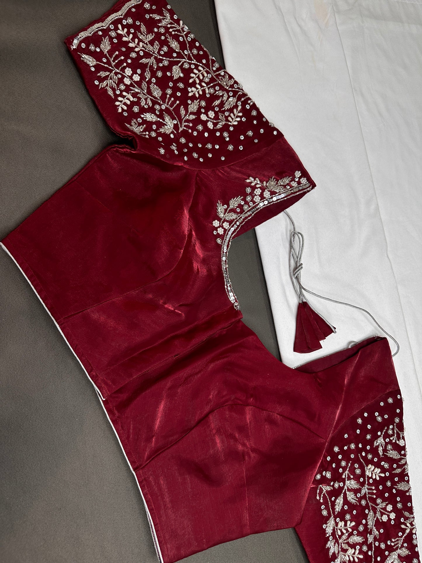 Crepe Maroon Red Silver Pearl Work Blouse - 