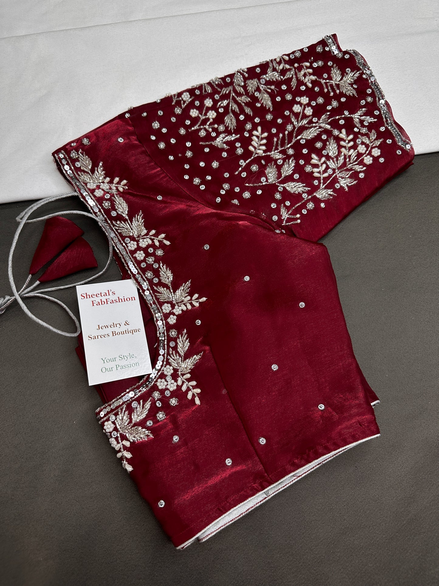 Crepe Maroon Red Silver Pearl Work Blouse - 