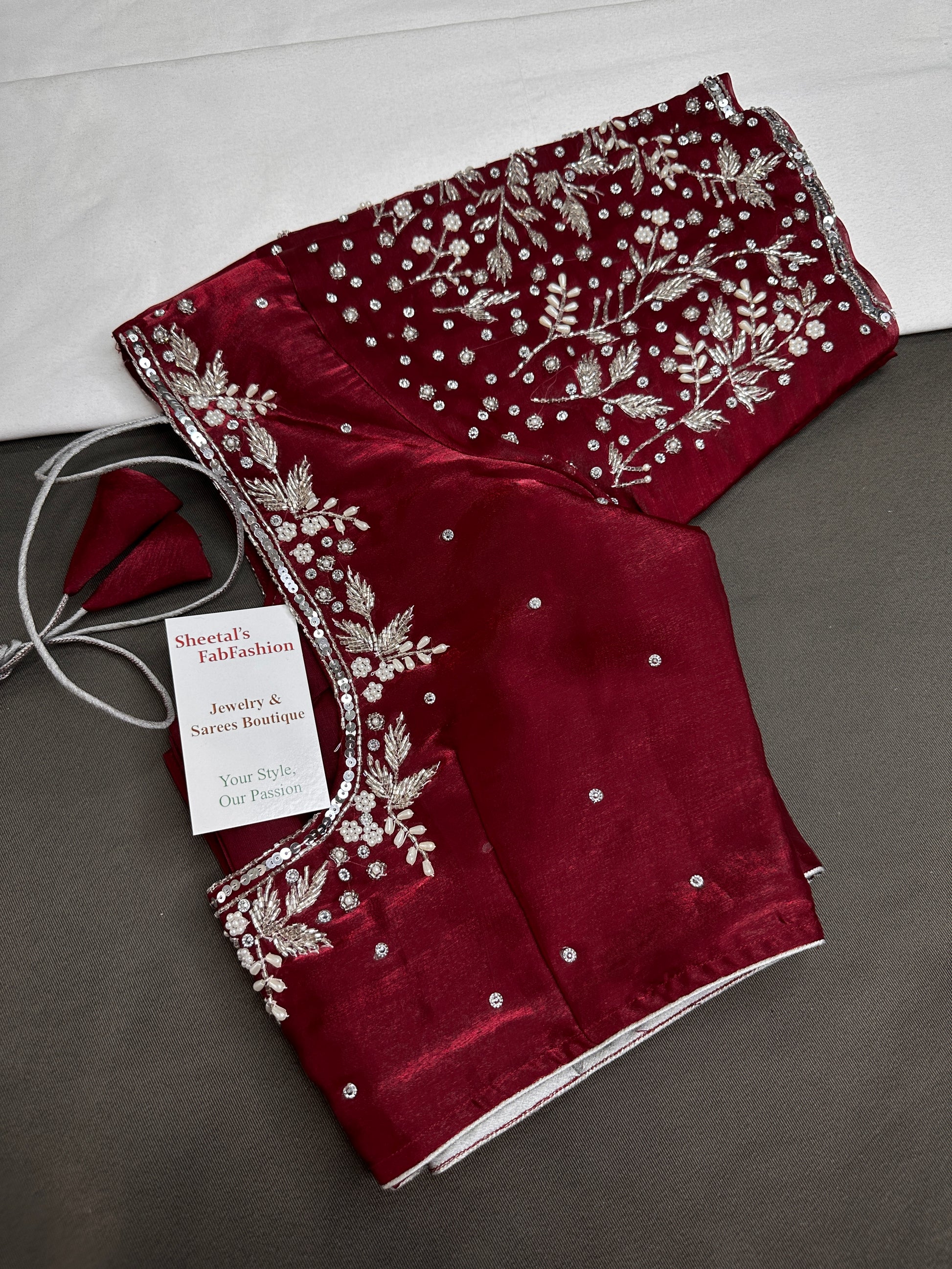 Crepe Maroon Red Silver Pearl Work Blouse - 