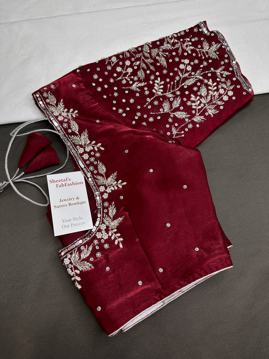 Crepe Maroon Red Silver Pearl Work Blouse - 