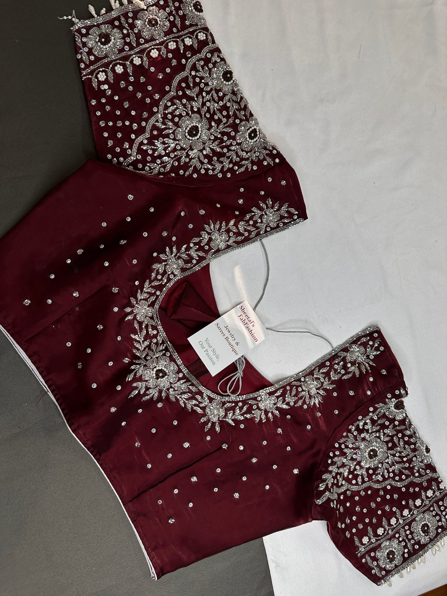 Crepe Maroon Red Silver Pearl Work Blouse - 